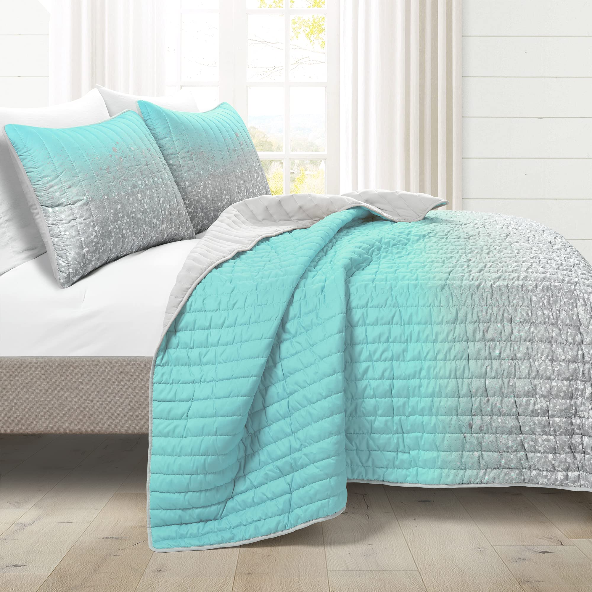 Lush Decor Glitter Ombre Comforter Set - Twin, Aqua Gray for Bedroom Decor
