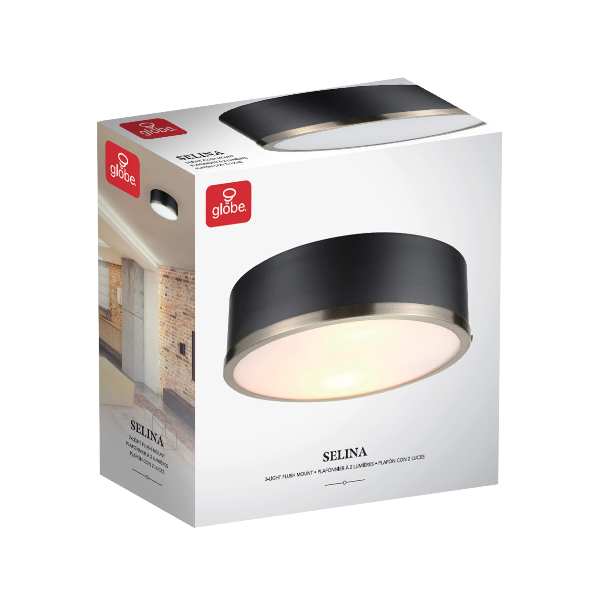 Globe Electric 60309 2-Light Flush Mount Ceiling Fixture - Matte Black with Antique Brass Accents & Frosted Glass Shade - E26 Base (Bulb Not Included) - Perfect for Bedroom, Hallway, or Kitchen Lighting
