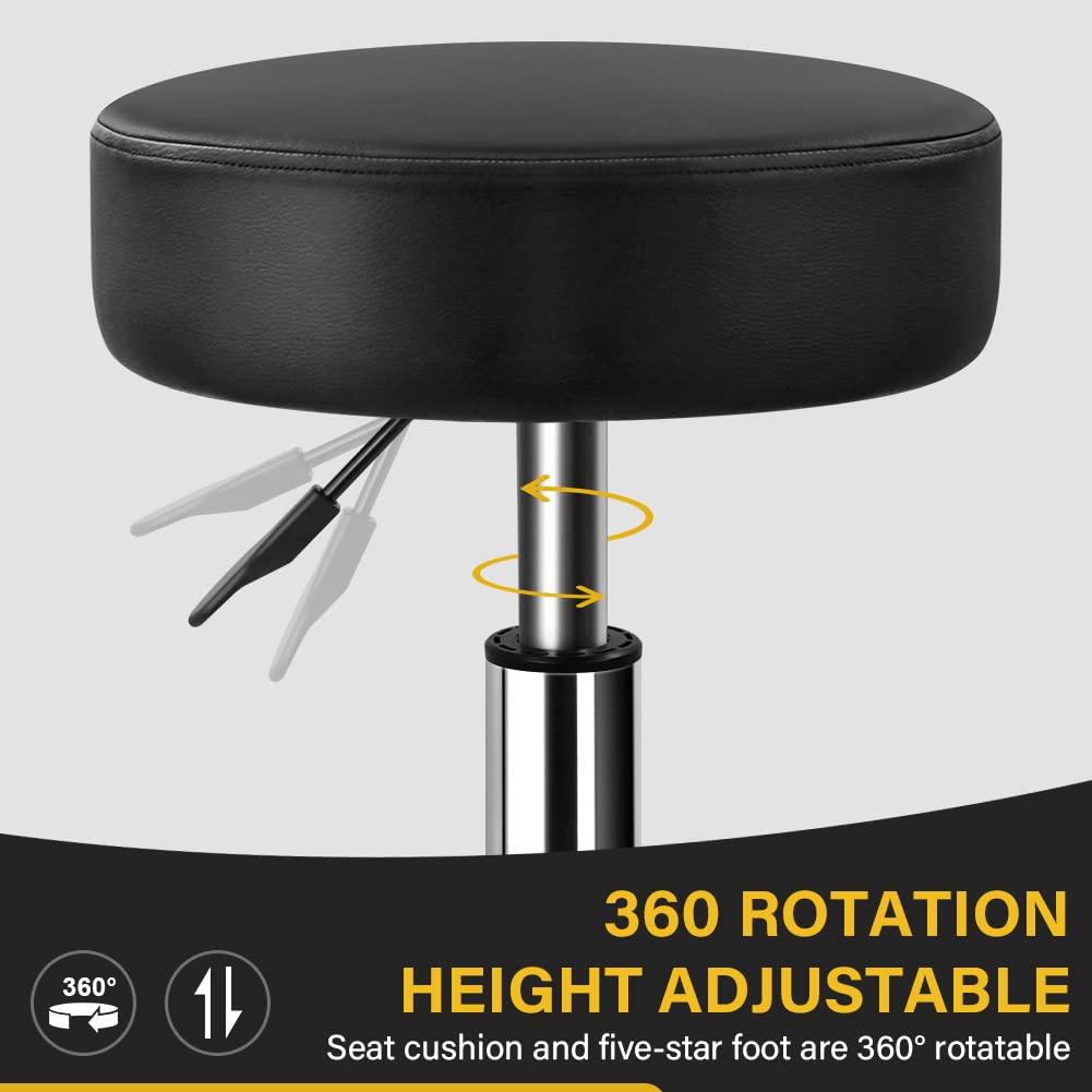 Heavy Duty Hydraulic Adjustable Rolling Stool with Wheels - Ergonomic Leather Swivel Chair for Kitchen, Office, Salon, Lab & Drafting - Black (Perfect for Hair Stylists, Chefs, Tattoo Artists & Office Workers)