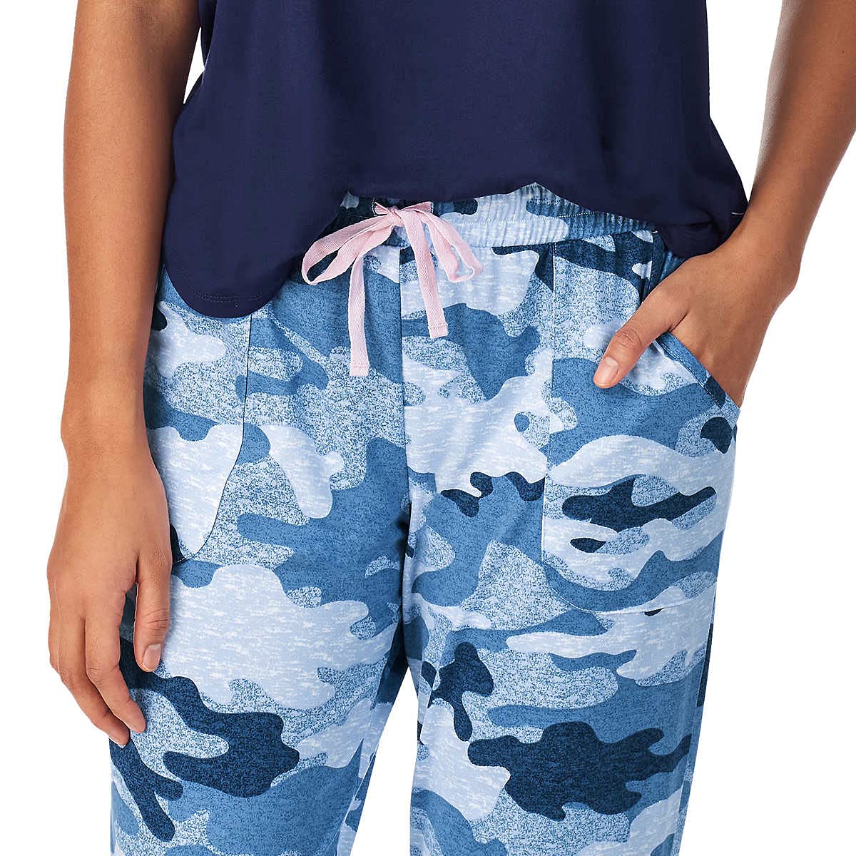 Jane & Bleecker Women's 2-Piece Jogger Pajama Set - Soft Cotton Sleepwear with Pockets (Navy Camo Print, XS) - Cozy Loungewear for Relaxing at Home & Sleepovers