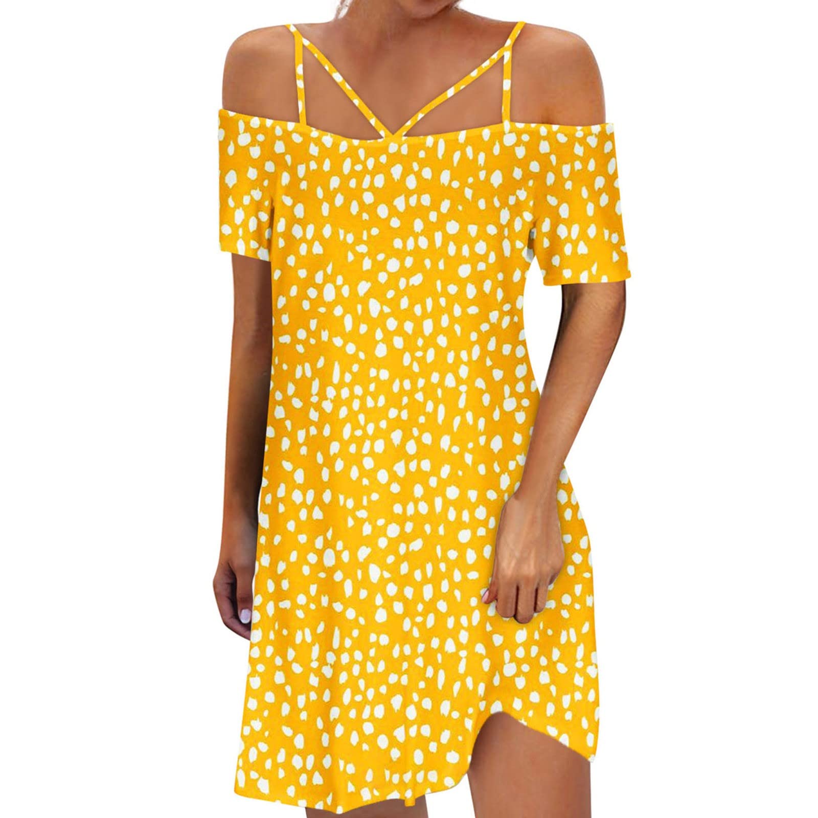 YOYORI Women's Off Shoulder Casual Dress with Adjustable Straps - Floral Print Midi Sundress for Beach, Summer & Vacation - Loose Fit Sexy Slim Dress (Yellow, Size S) | Perfect for Outdoor Parties, Date Nights & Tropical Getaways