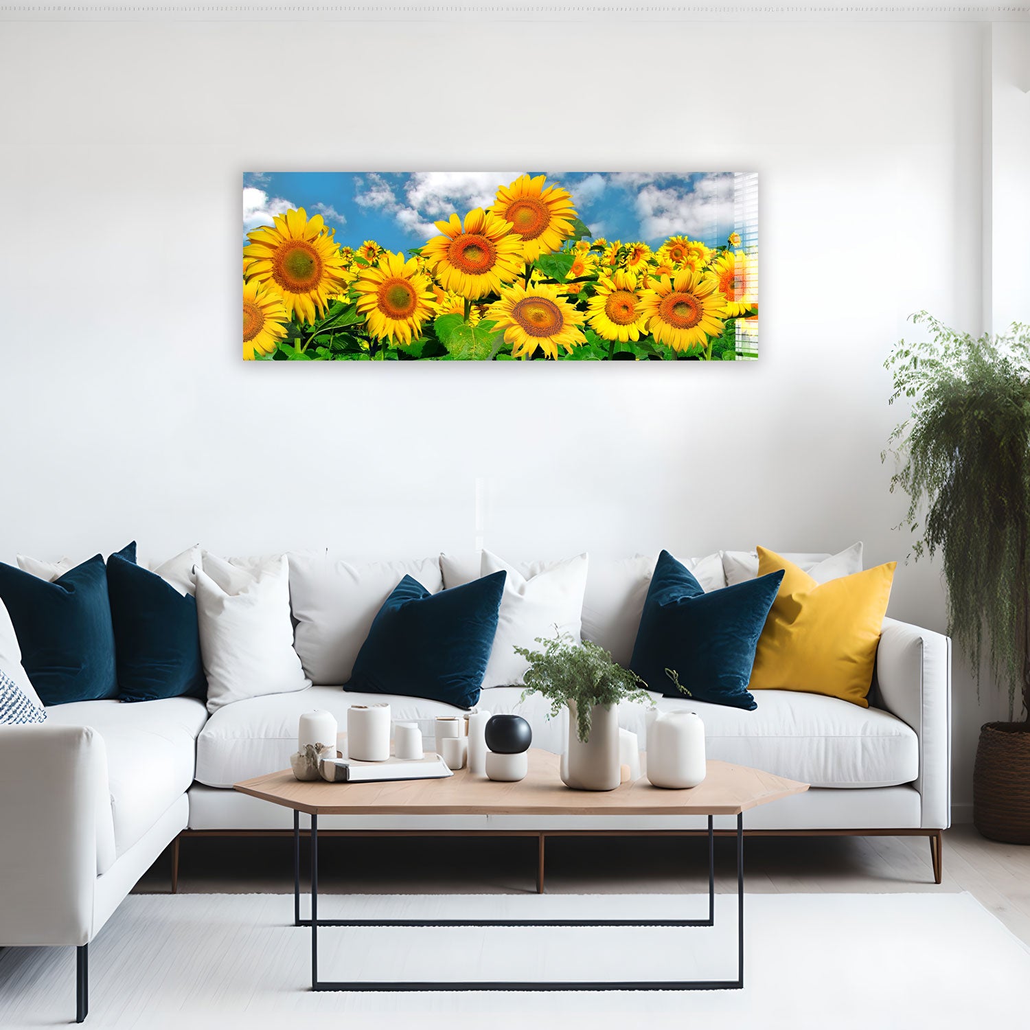 Happy Sunflowers Panoramic Wall Art - Vibrant Floral Decor for Living Room, Bedroom & Office - Perfect for Home & Office Decor