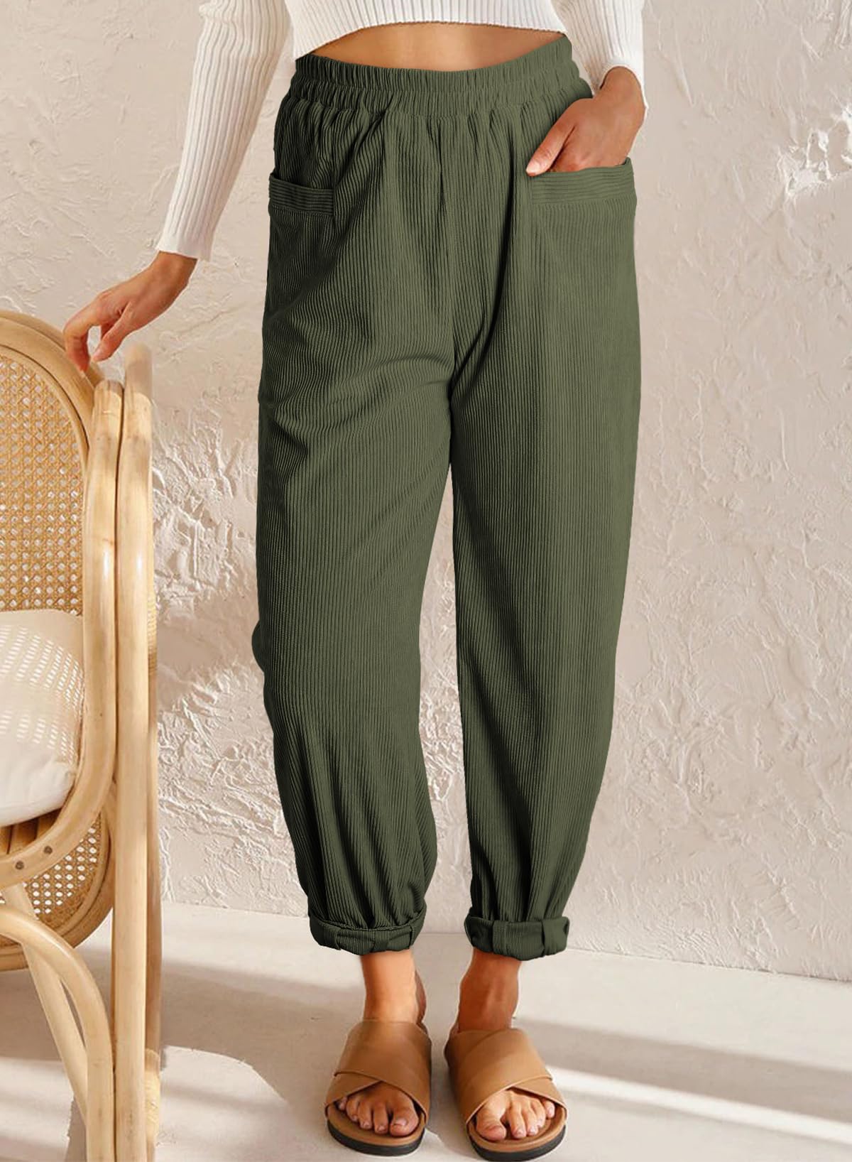 EVALESS Women's High Waist Corduroy Pants - Stretchy Elastic Waistband, Tapered Leg, Pull-On Ankle Work Pants - Comfortable Fall Trousers for Office, Casual Wear & Autumn Outfits 2023