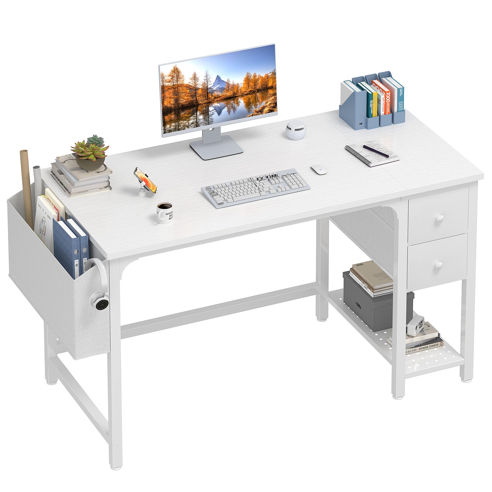 Lufeiya 47 Inch White Small Computer Desk with Fabric Drawers - Modern Simple Study Writing Table for Home Office, Small Spaces | Perfect for Work from Home, Online Classes & Gaming Setup