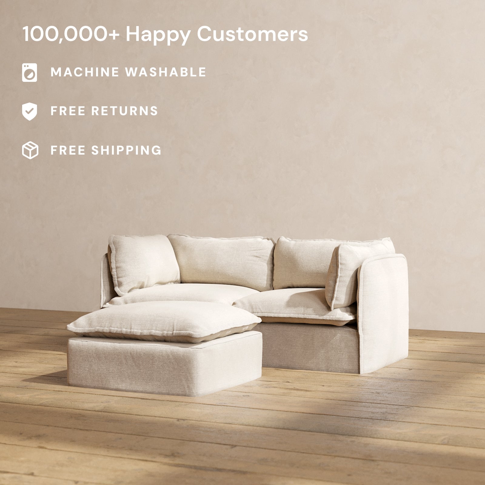 Premium Modular Performance 2-Seater Sofa with Ottoman in Oat - Luxe Blend Fabric for Living Room & Lounge Comfort