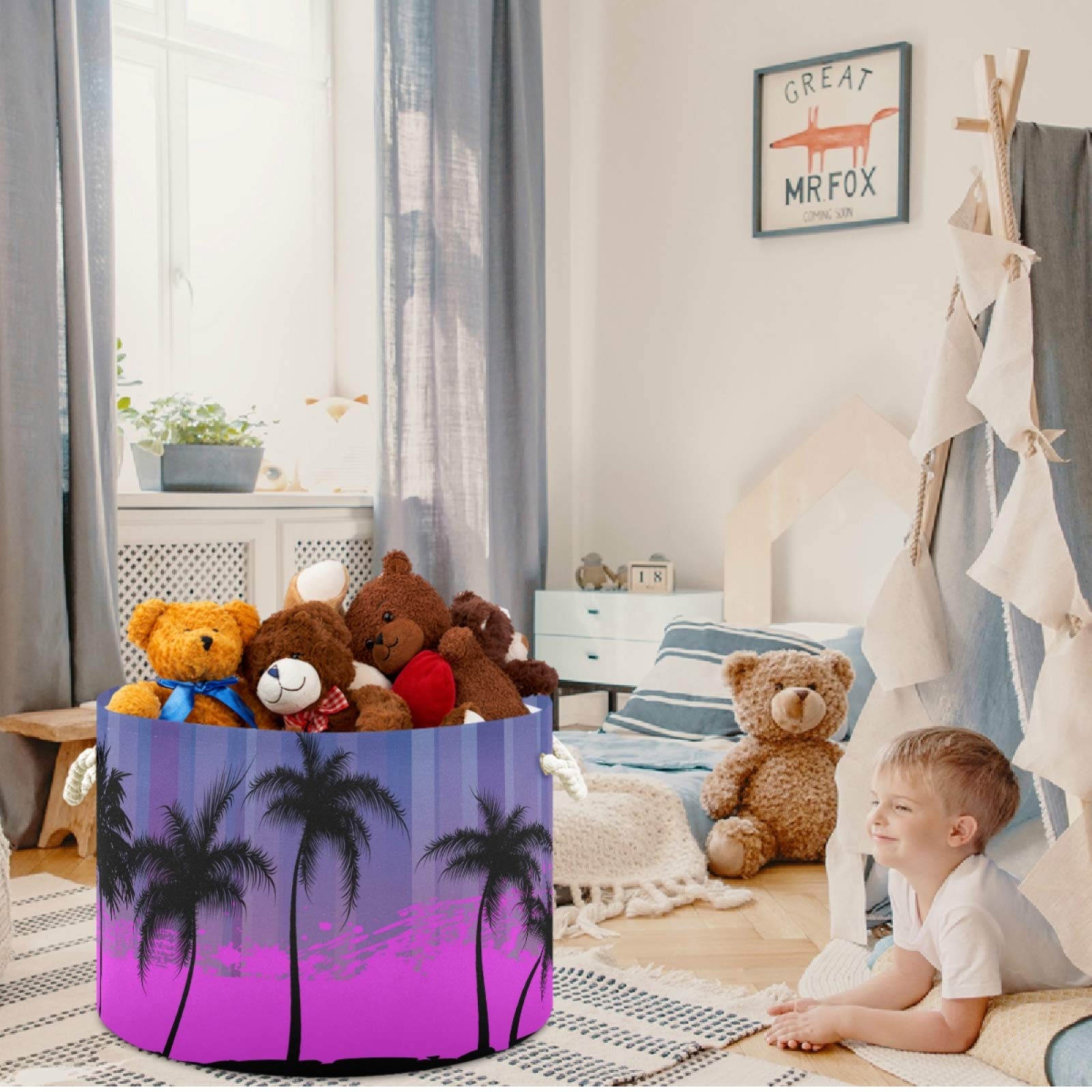 Palm Tree Abstract Canvas Storage Basket - Nursery Hamper, Toy Organizer Bin, Laundry Basket for Kids Room, Playroom & Shelves | Durable Fabric Storage Box for Toys, Clothes & Gifts (Perfect for Home Organization & Child-Friendly Spaces)