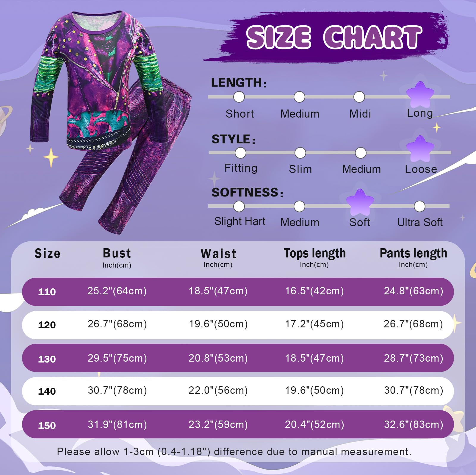 Descendants 3 Mal Costume for Girls - Kids Halloween Outfit with Long Sleeve Top, Trousers & Wig Set | Disney Movie Character Dress Up Costume for Halloween Parties & Cosplay