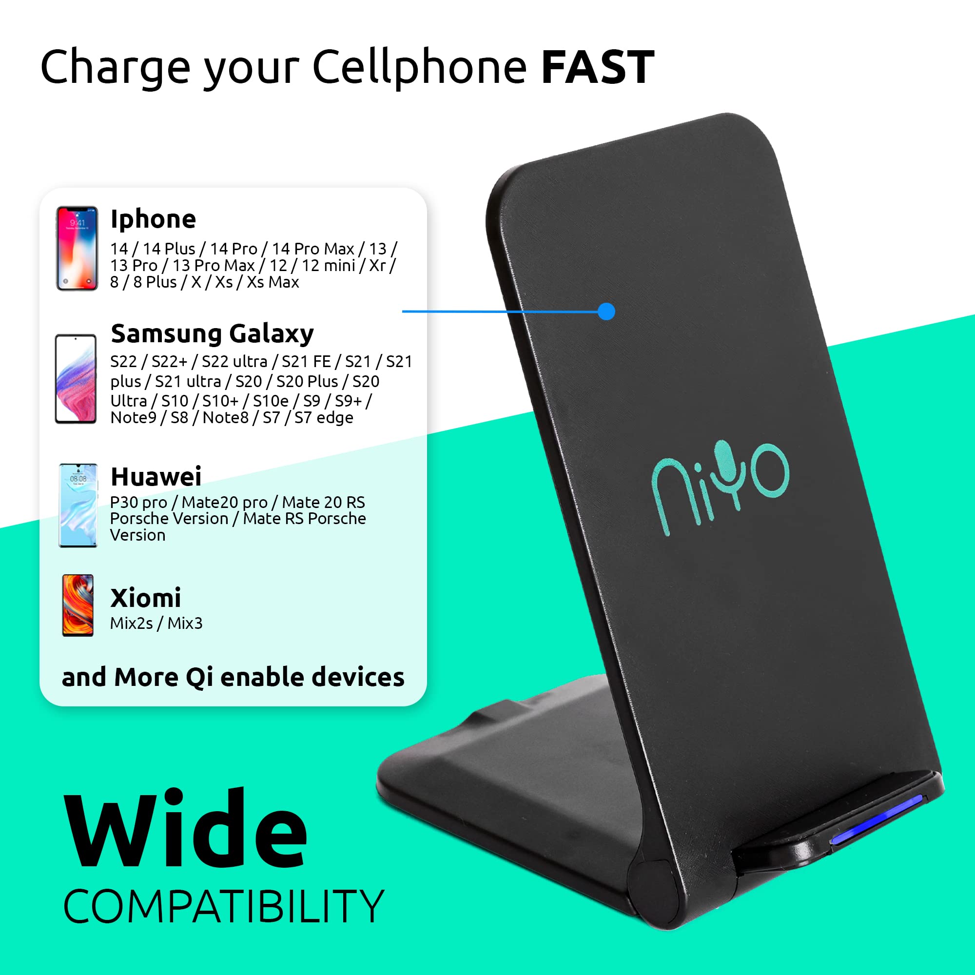 NiYo Portable Foldable Wireless Phone Charger Stand - Fast Qi Charging for iPhone, Samsung Galaxy & AirPods - Perfect for Home, Office & Travel
