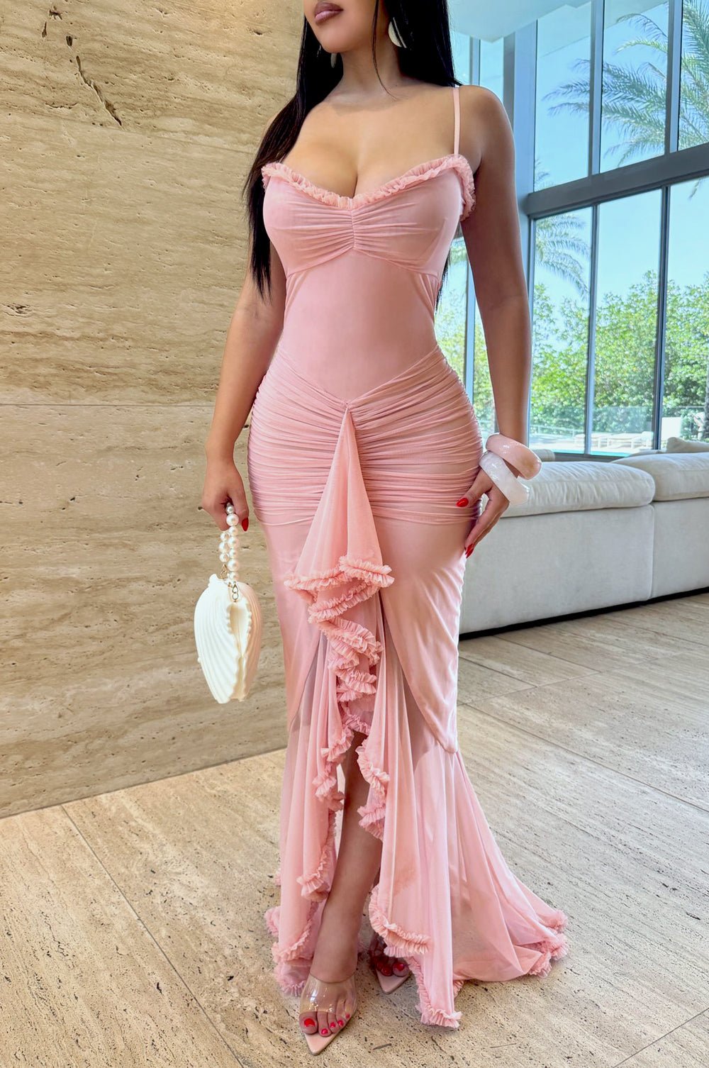 Blush Pink Sweetheart Neckline Draped Ruffle Maxi Dress for Women - Elegant Long Formal Gown for Weddings, Parties & Special Occasions