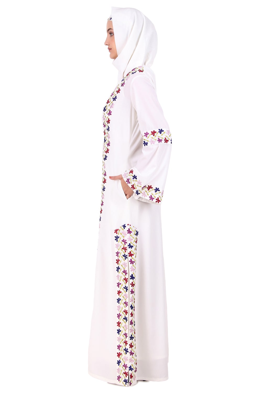 Elegant White Embroidered Front Open Abaya for Women - Perfect for Prayer, Modest Fashion, and Special Occasions