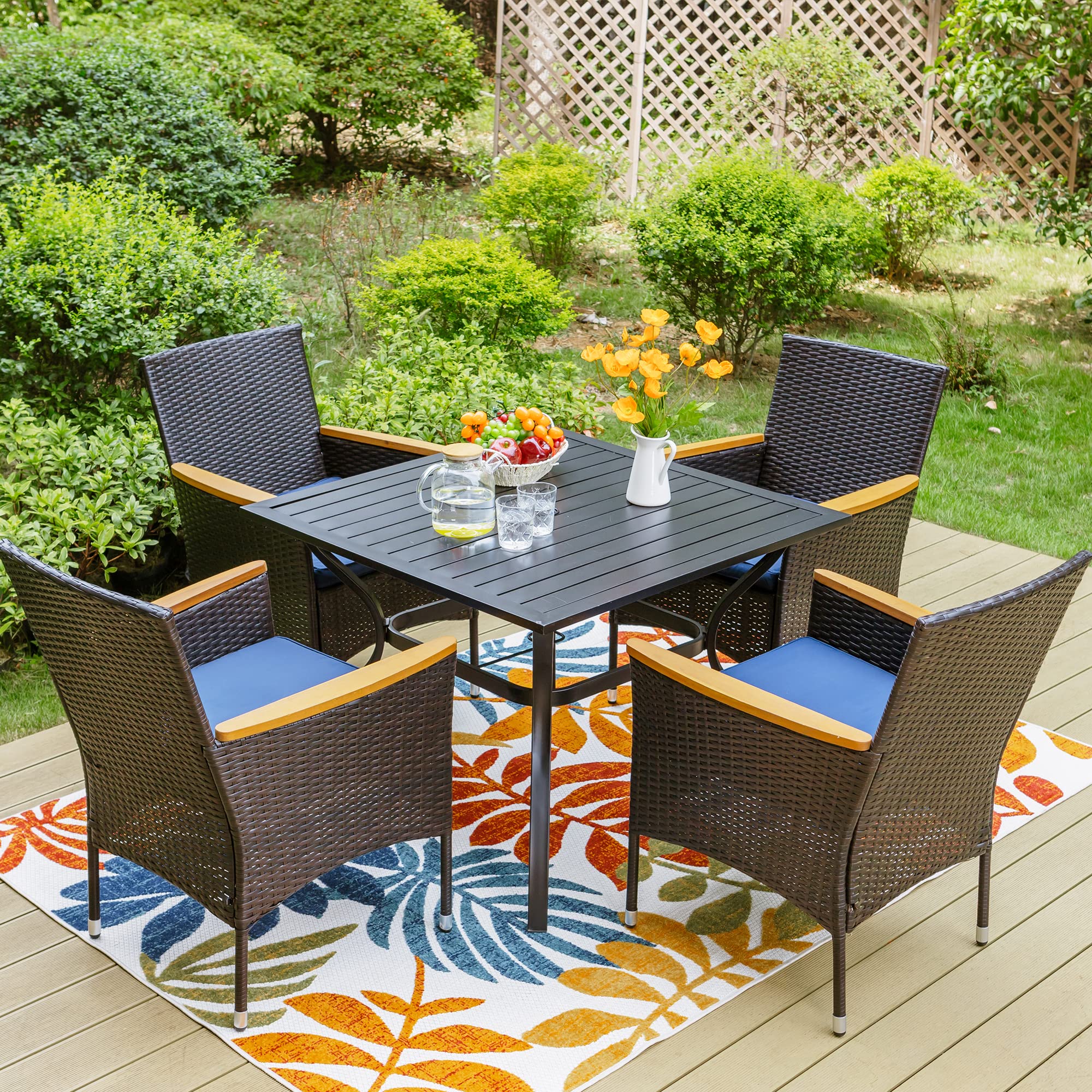 Sophia & William 5-Piece Outdoor Dining Set for 4 - Square Metal Patio Table with Rattan Chairs, Wicker Furniture Set Includes 1.57
