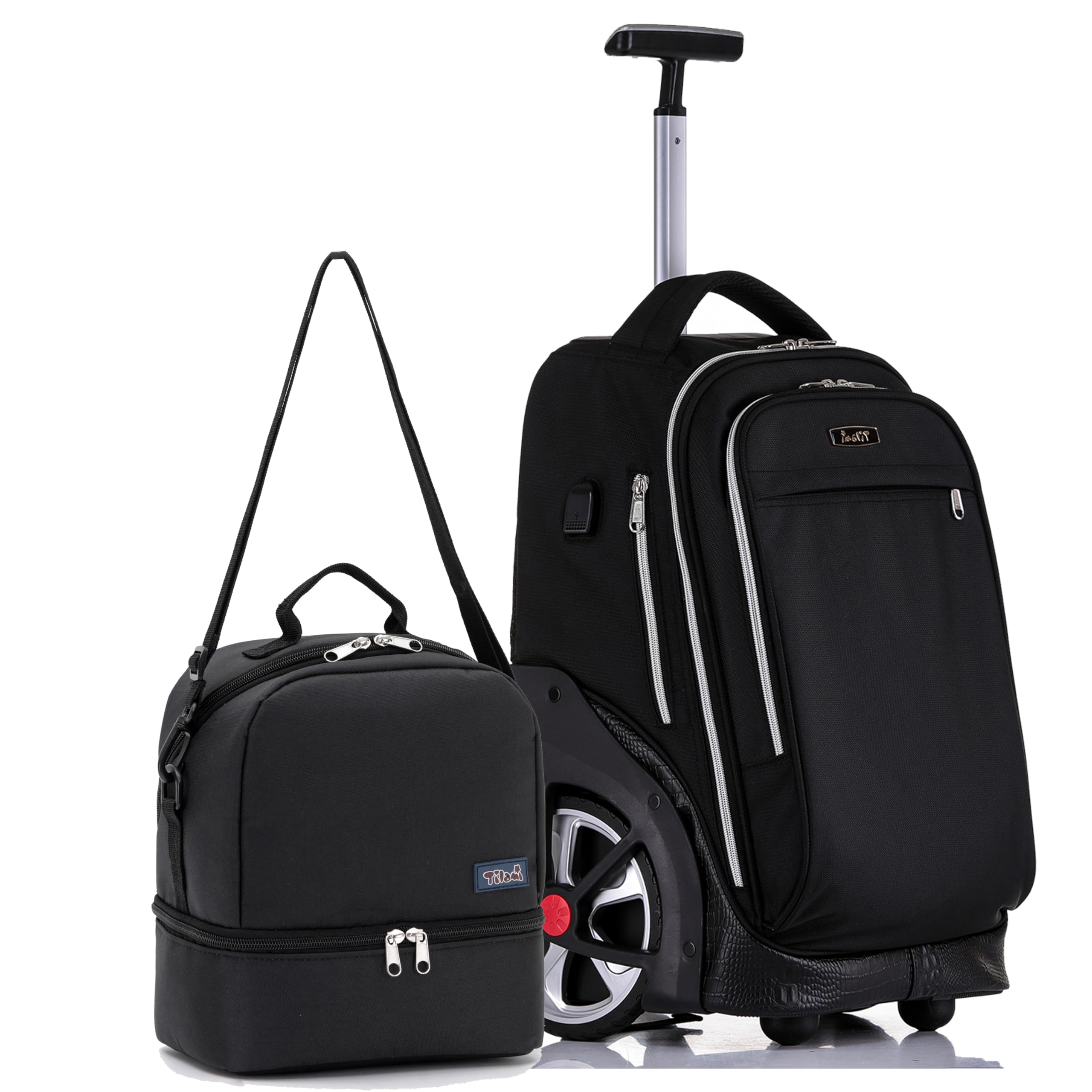 TILAMI 19 Inch Rolling Backpack with Lunch Compartment - Wheeled Laptop Backpack for Travel, School & Work - Durable Carry-On Bookbag with Wheels for Men & Women (Black) | Perfect for Business Trips, College Students & Daily Commute