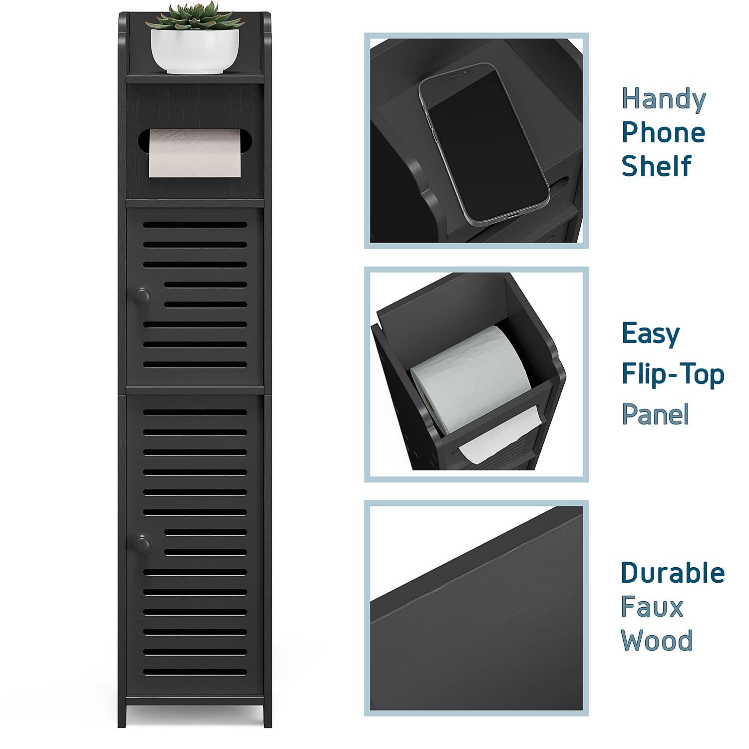 Nestl Small Bathroom Storage Cabinet with 2 Doors & 3 Shelves - Narrow Corner Floor Organizer for Towel, Toilet Paper & Bath Essentials - Space-Saving Black Bathroom Cabinet for Apartments & Small Bathrooms