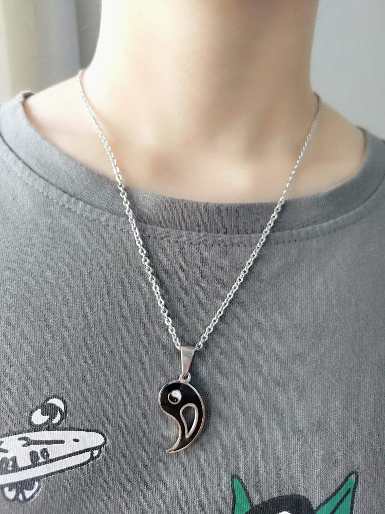 Yin Yang BFF Couples Pendant Necklace Set - 2 Piece Matching Puzzle Necklaces for Women, Men, Boys & Girls - Stainless Steel 19.6