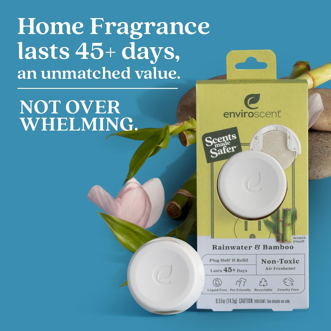 Enviroscent Non-Toxic Plug-In Air Freshener - Rainwater & Bamboo Scent | Essential Oil Diffuser for Home | Long-Lasting 45+ Day Fragrance | Includes 1 Refillable Plug & 1 Scent Refill Kit | Perfect for Living Room, Bedroom, Office & Bathroom