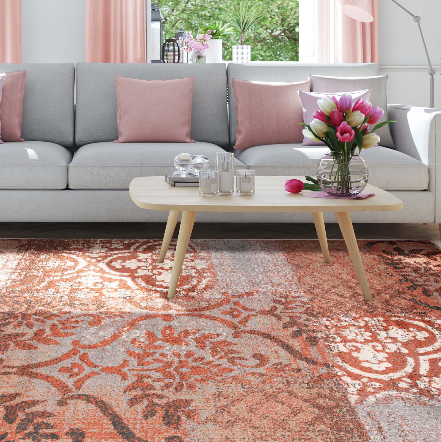 Bristol Distressed Abstract Damask Indoor Area Rug - Non-Slip Living Room Carpet Runner for Bedroom, Hallway & Entryway Decor