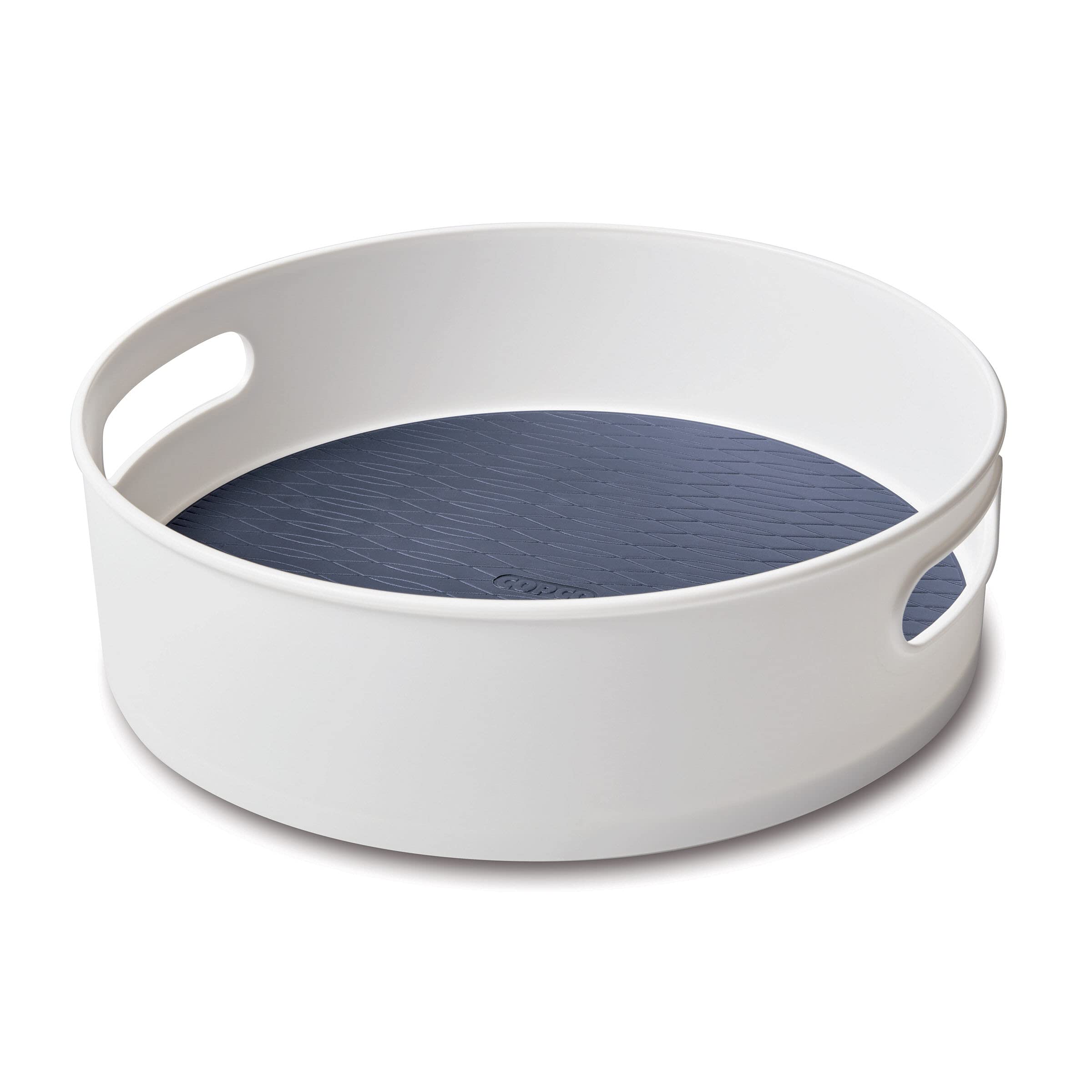Copco 12-Inch Non-Skid Pantry Organizer - White & Steel Blue Spinning Turntable for Kitchen Cabinet, Refrigerator Storage | Perfect for Spices, Canned Goods & Condiment Organization