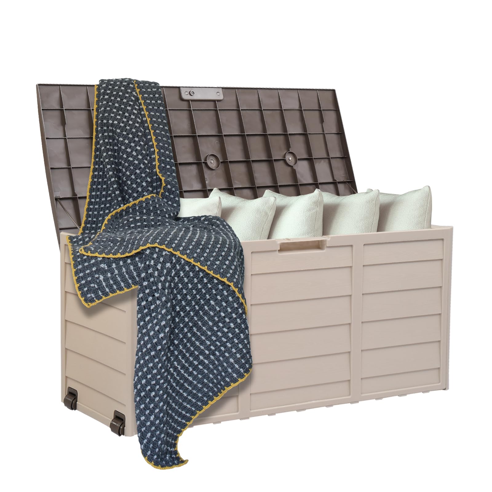 VINGLI 75 Gallon Outdoor Storage Box with Lockable Lid - Waterproof Plastic Deck Box for Patio, Garden, Pool, Balcony & Yard - Coffee Color - Perfect for Storing Cushions, Toys & Outdoor Gear