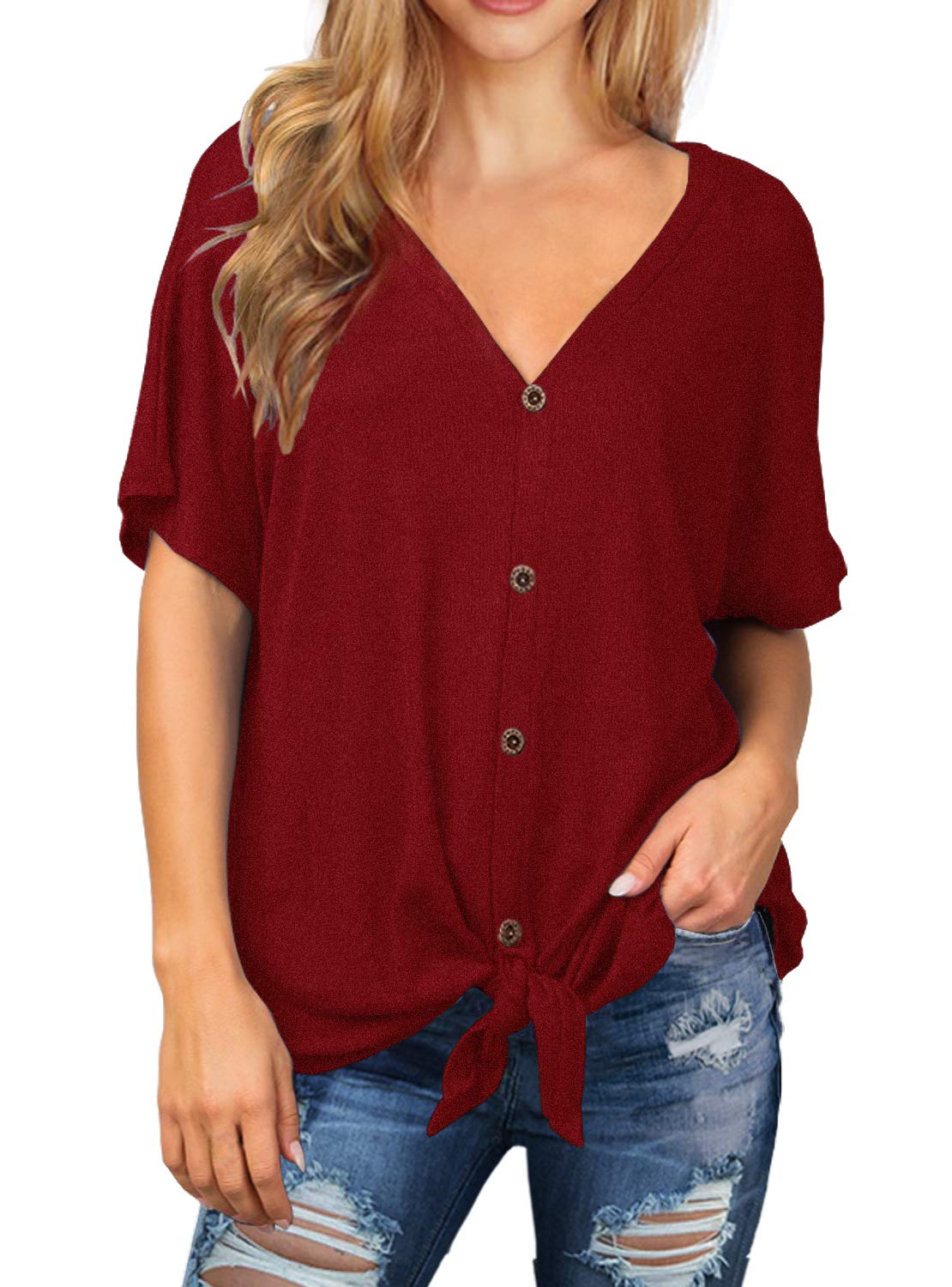 IWOLLENCE Women's Waffle Knit Tunic Blouse - Tie Knot Short Sleeve Henley Top, Loose Fit Batwing Shirt for Casual Wear, Office & Date Night Outfits