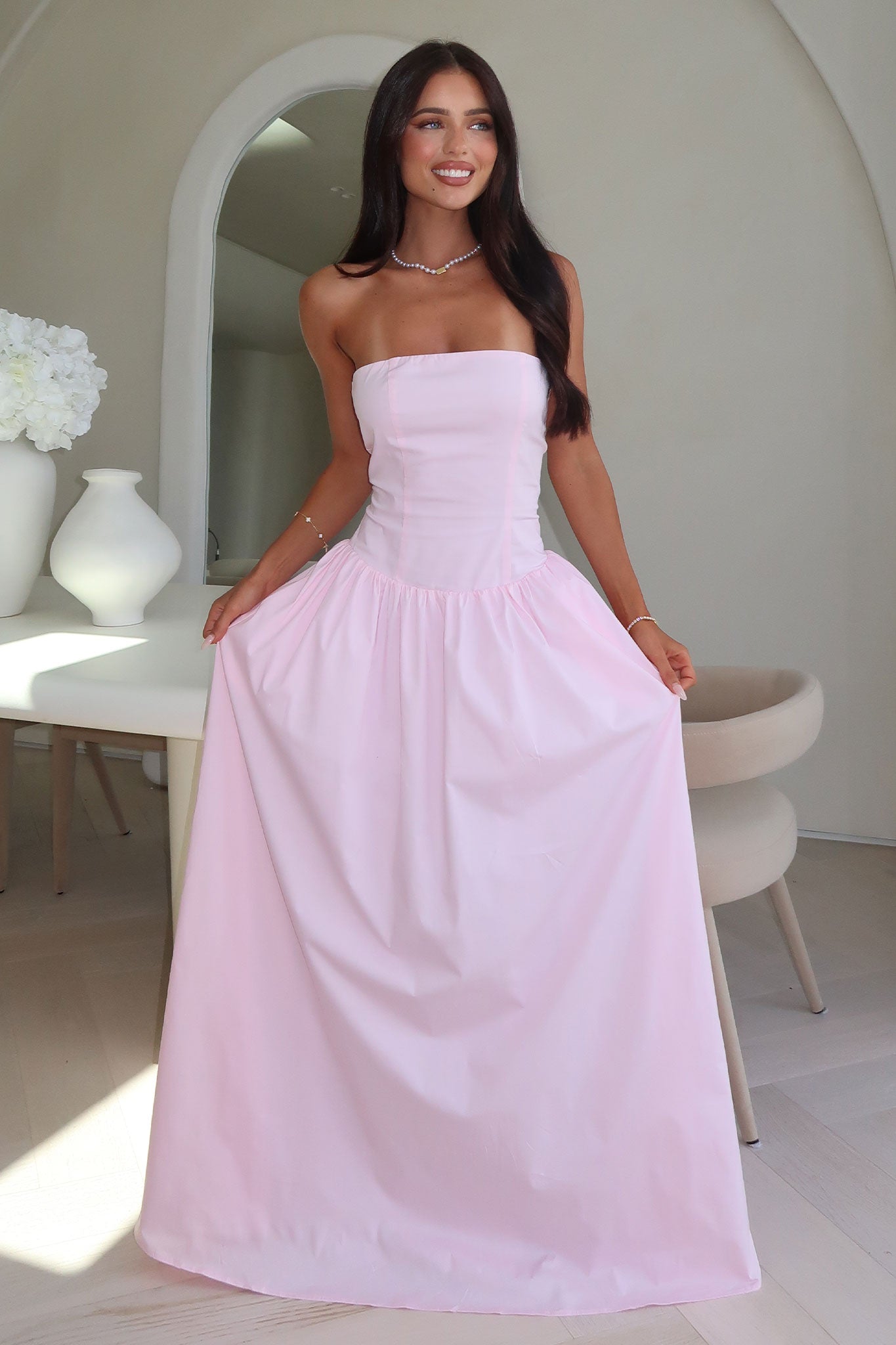 Iridessa Strapless Maxi Dress for Women - Flowy Baby Pink Summer Evening Gown - Perfect for Beach Weddings, Vacation & Date Nights