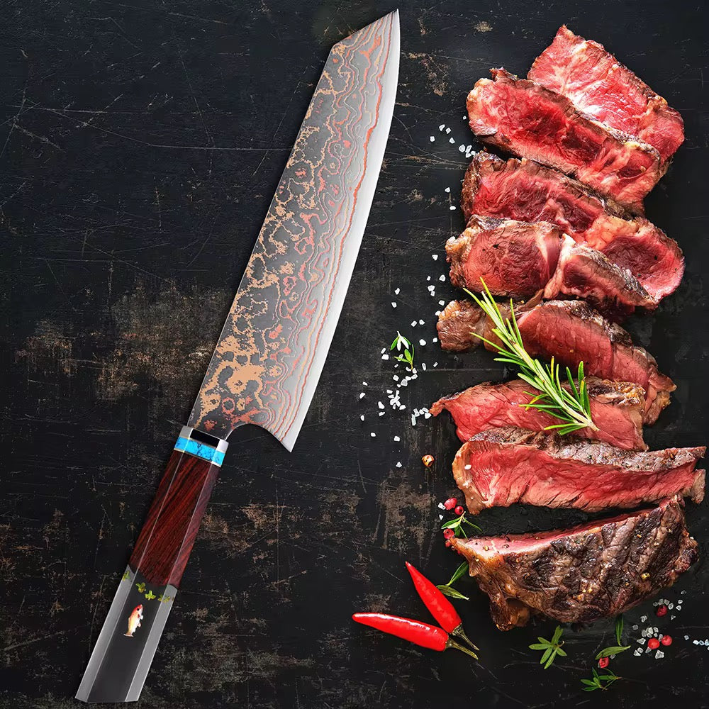 Premium Damascus Steel Chef Knife - Noble Copper & Cobalt Alloy Blade with Exotic Bloodwood Resin Handle - Professional Kitchen Knife for Cooking, Slicing & Food Prep - Perfect Gift for Chefs & Home Cooks