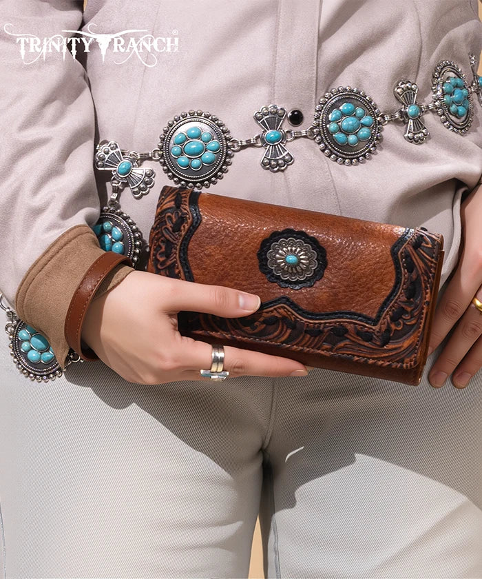 Trinity Ranch Floral Tooled Concho Tote Bag Set - Western Style Leather Handbag for Women - Perfect for Cowgirl Fashion, Rodeo Events & Country Outfits