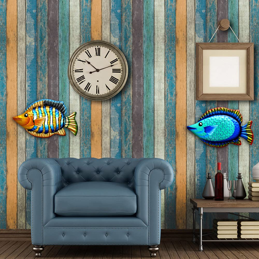 2Pcs Metal Fish Wall Art Decor - Ocean Themed Tropical Fish Sculptures for Home & Office - Handcrafted Blue & Orange Metal Wall Decor - Perfect for Beach House, Living Room, Bedroom & Bathroom Decor
