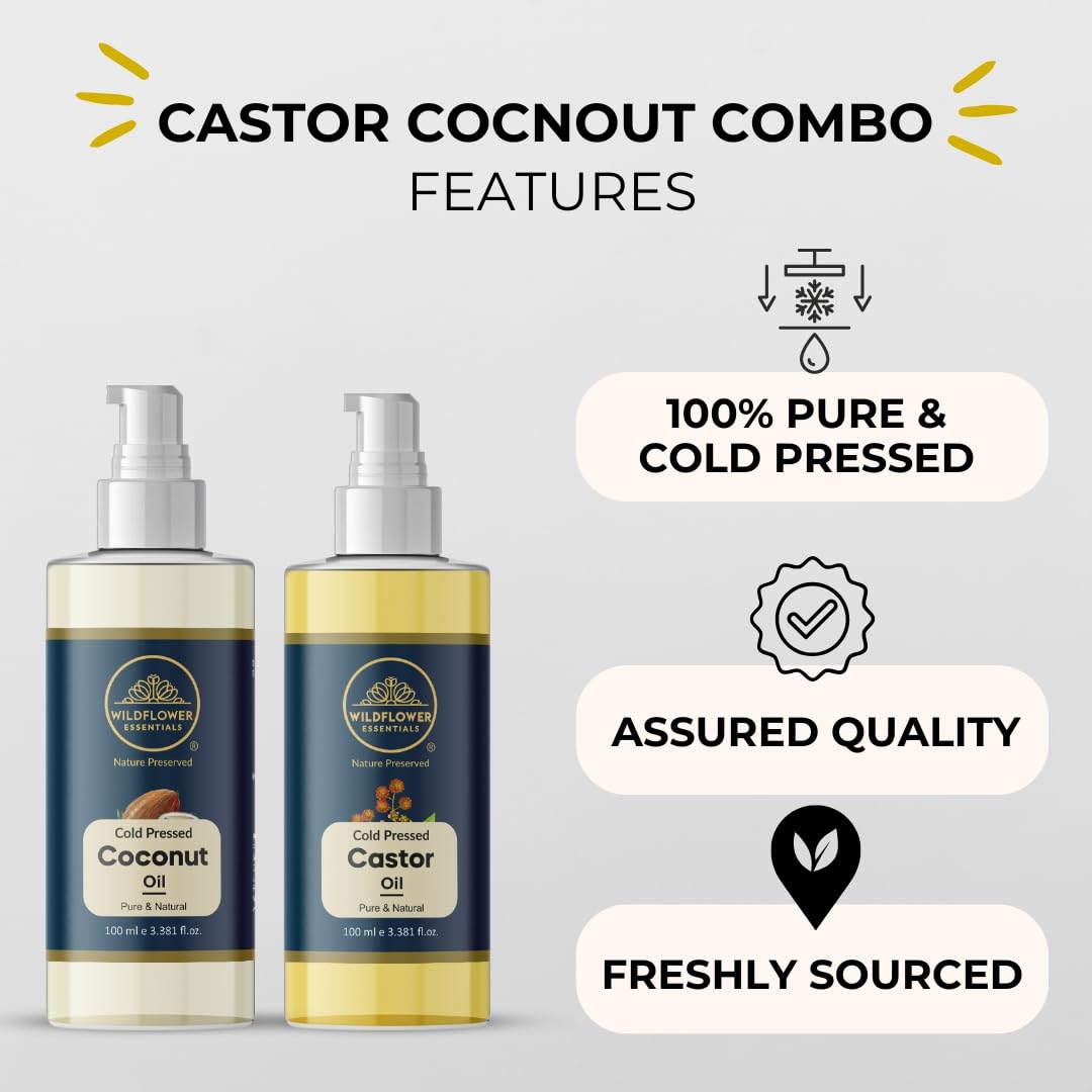 Organic Cold Pressed Coconut Oil & Castor Oil Combo for Hair Growth, Eyebrow & Beard Care, Skin Moisturizer - 100% Pure Natural Hair & Body Treatment (100ml + 100ml) - Perfect for DIY Beauty, Massage & Natural Hair Regimen