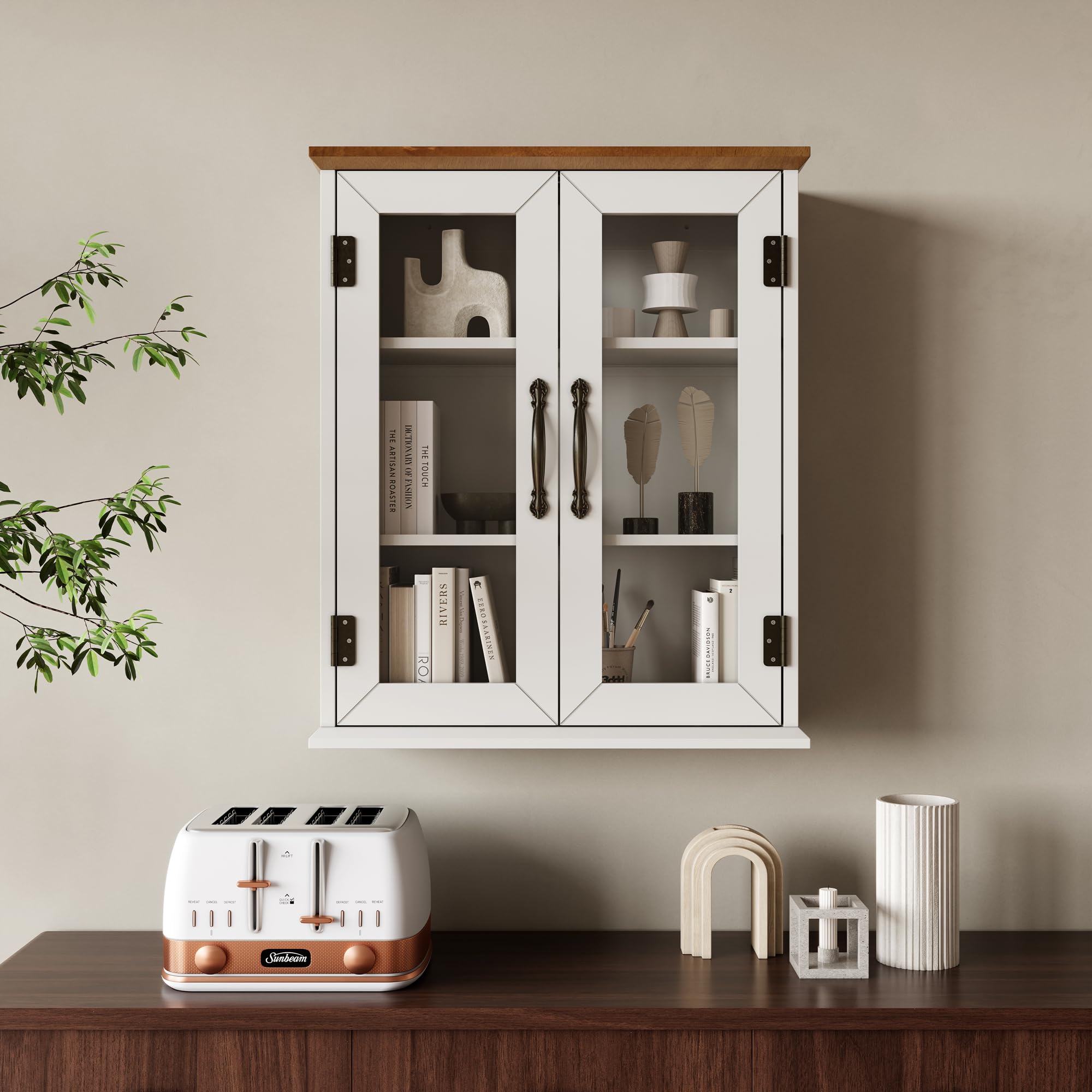 ChooChoo Wooden Medicine Cabinet with Acrylic Doors - Adjustable Shelf Bathroom Wall Cabinet for Over The Toilet - Rustic Wall Mount Storage for Bathroom, Kitchen & Living Room in Soft White & Brown - Perfect for Organizing Toiletries, Cosmetics & Small Essentials