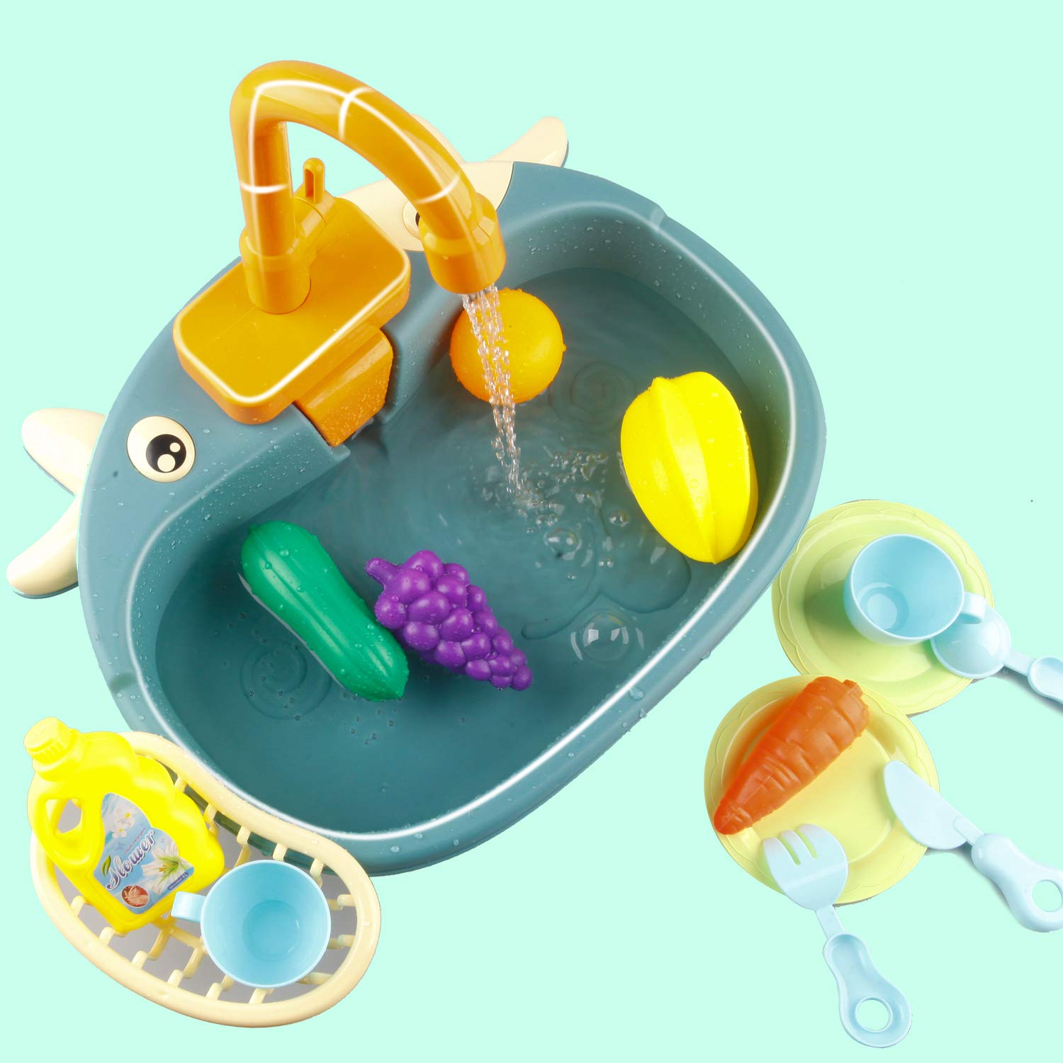 Ruibytree Kids Pretend Play Kitchen Sink Toy with Electric Running Water Faucet, Dishwasher & Cutting Food Accessories - Role Play Toy for Toddlers (Cute Cow Design) - Perfect for Preschool Learning & Imaginative Play
