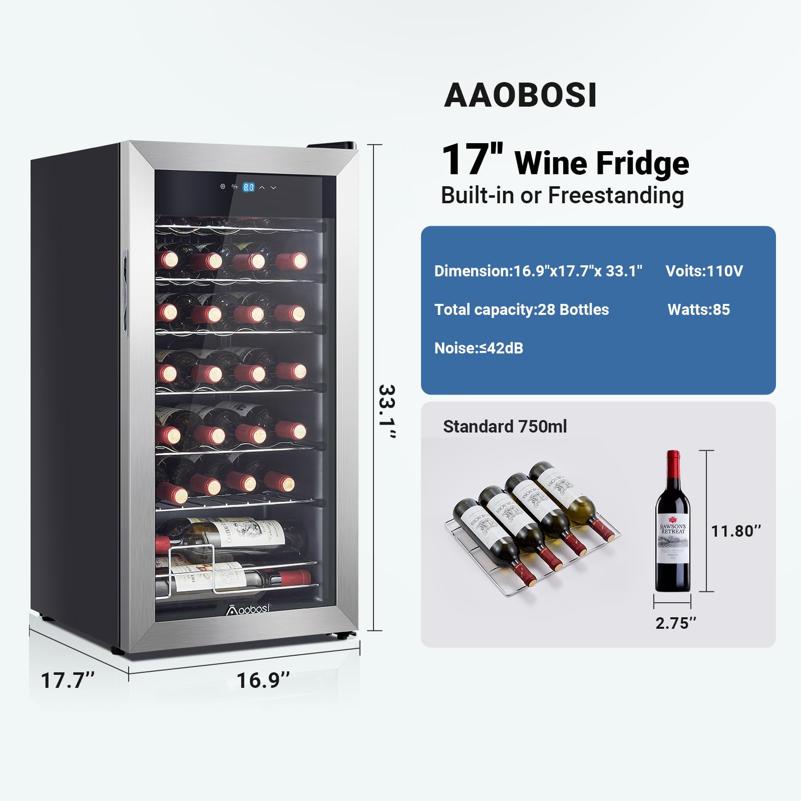AAOBOSI 17 Inch Freestanding Wine Cooler Refrigerator - 28 Bottle Capacity, Double-Paned Tempered Glass, Low Noise Compressor, Blue LED Display with Temperature Memory & Adjustable Shelves - Perfect for Home Bar, Kitchen, Basement or Office Wine Storage