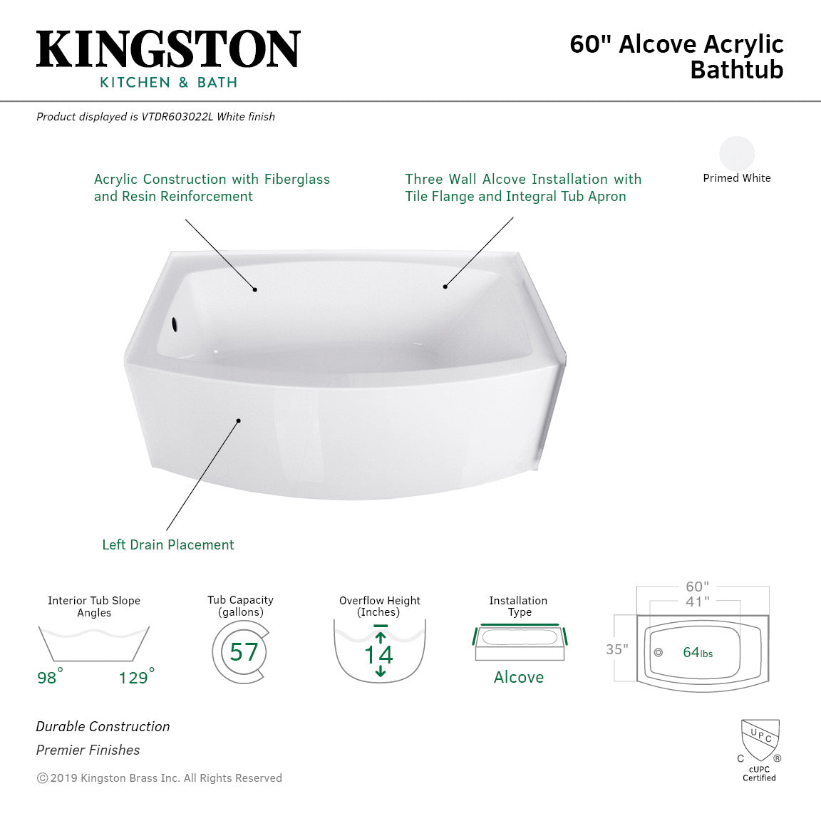 Aqua Eden VTDR603022L 60 Inch Acrylic Rectangular 3 Wall Alcove Bathtub - Left Hand Drain, Glossy White - Perfect for Modern Bathroom Renovations & Spa-Like Relaxation
