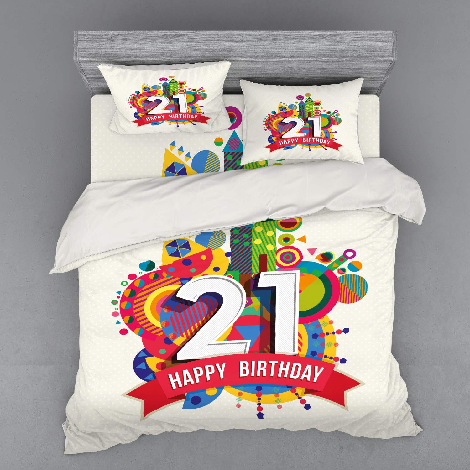 Ambesonne 21st Birthday Bedding Set - Colorful Geometric Castle Print Duvet Cover with Shams & Fitted Sheet, King Size 4-Piece Set | Perfect for Birthday Parties, College Dorms & Themed Bedroom Decor