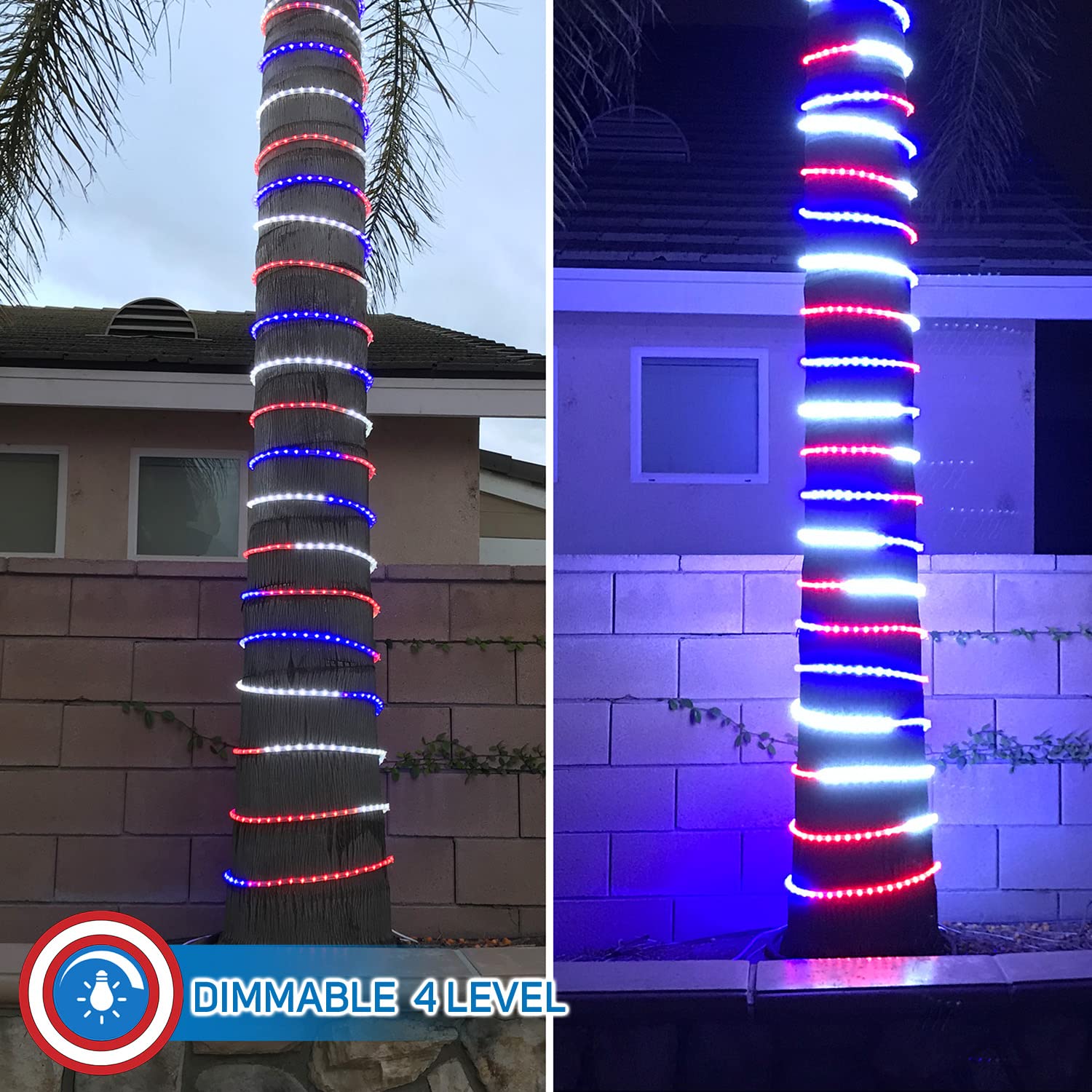Patriotic LED Rope Lights - 50ft Red White Blue, Dimmable for 4th of July & Memorial Day Outdoor Decor