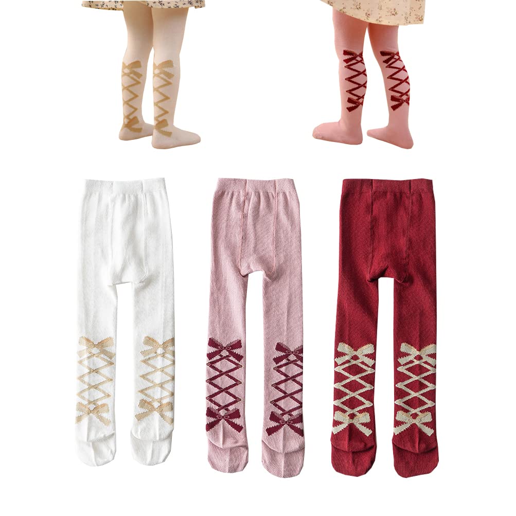 Bafeicao 3 Pack Toddler Baby Girls Tights - Cable Knit Cotton Leggings with Bow Print - Soft Stockings for Infants & Little Girls - Perfect for Playtime, School & Special Occasions