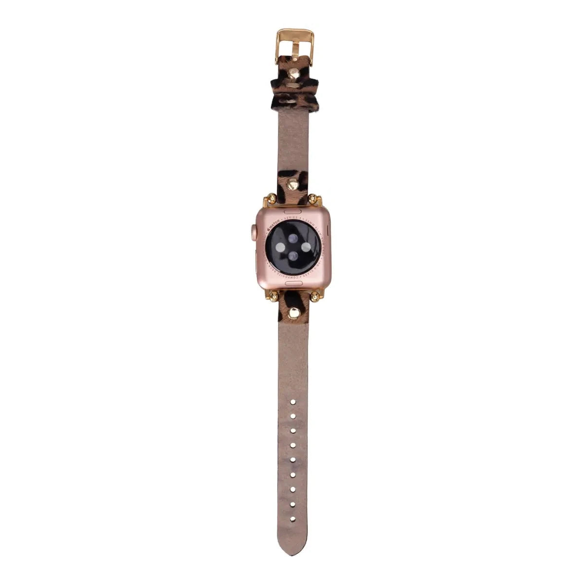 Furry Leopard Print Genuine Leather Ultra Slim Apple Watch Band with Gold Rivets - Stylish & Comfortable for Workouts, Office & Everyday Wear