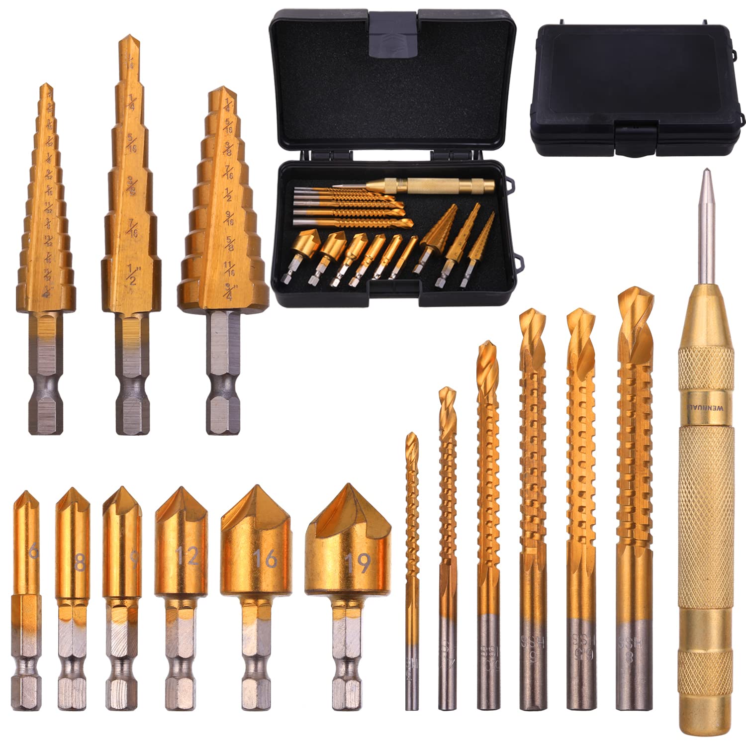 16Pcs Drill Bit Set with Case - Titanium Coated Step Drill Bits, Countersink & HSS Twist Bits for Metal, Wood & DIY Projects | Perfect for Home Improvement, Construction & Crafting