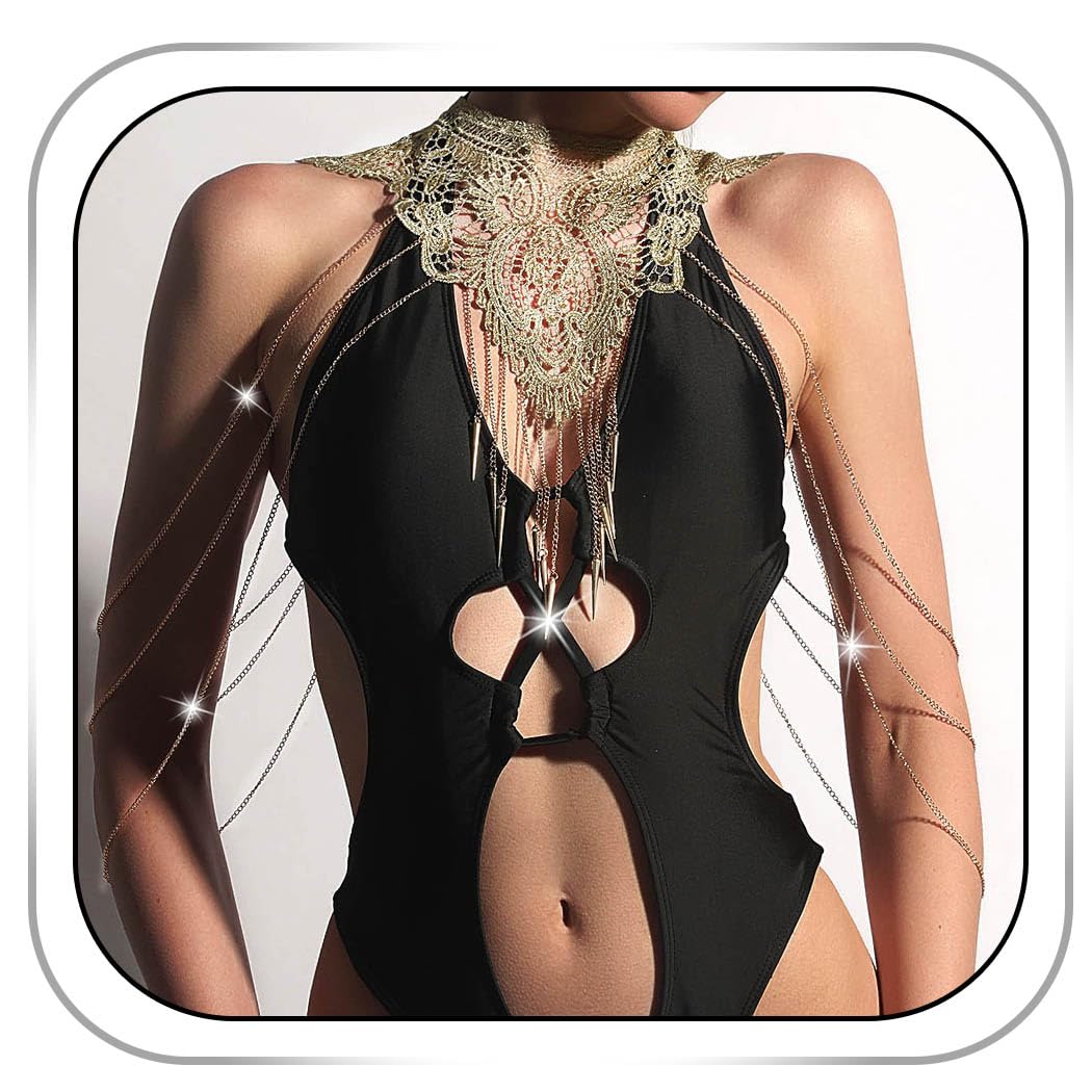 CanB Floral Lace Body Chain Necklace - Layered Tassel Crossover Harness Jewelry for Women | Boho Festival, Beach Party & Photo Shoot Accessories