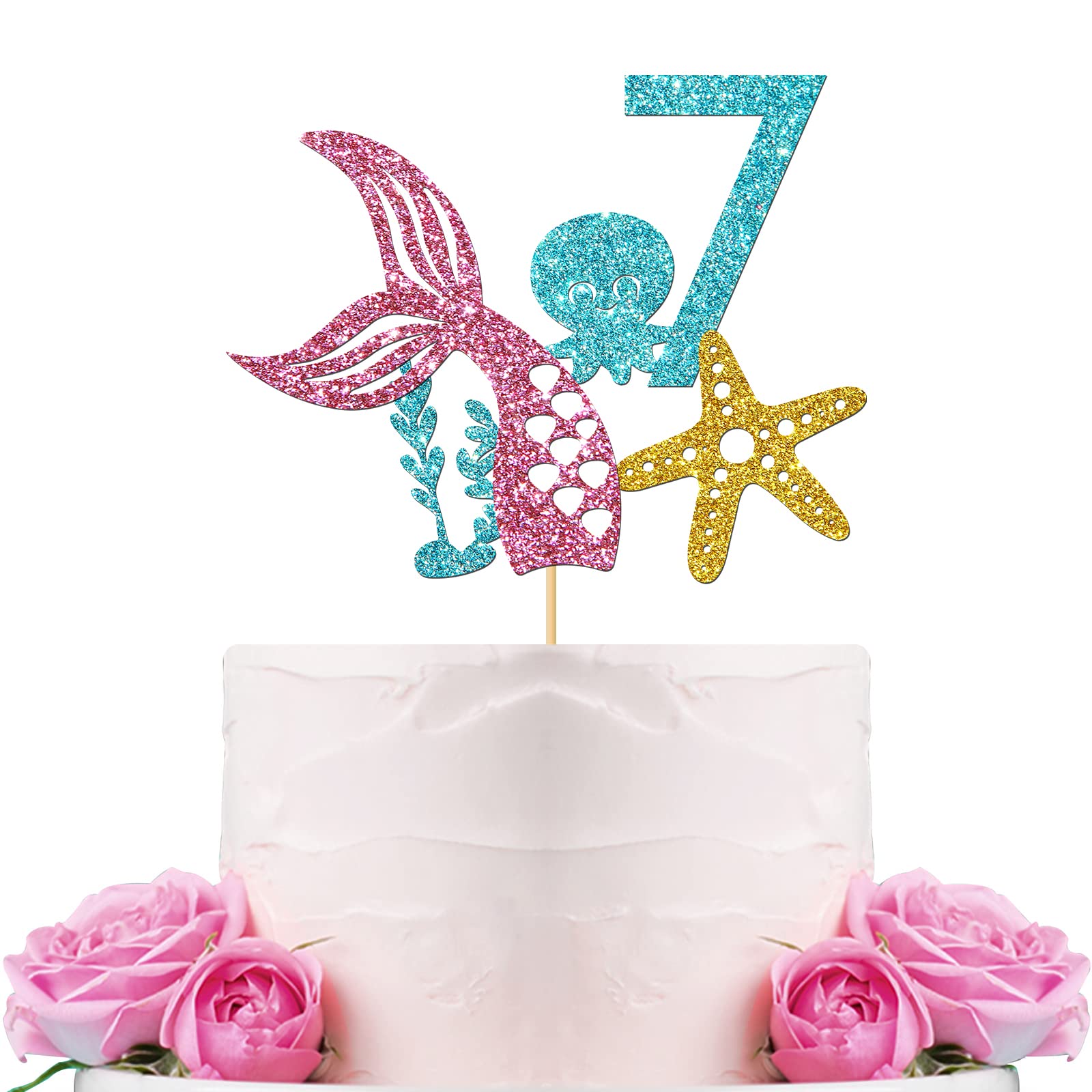 WeBenison Mermaid & Octopus Cake Topper - Under The Sea Themed 7th Birthday Party Decor for Girls - Blue Number 7 Sign - Perfect for Ocean-Themed Birthday Cakes & Party Decorations