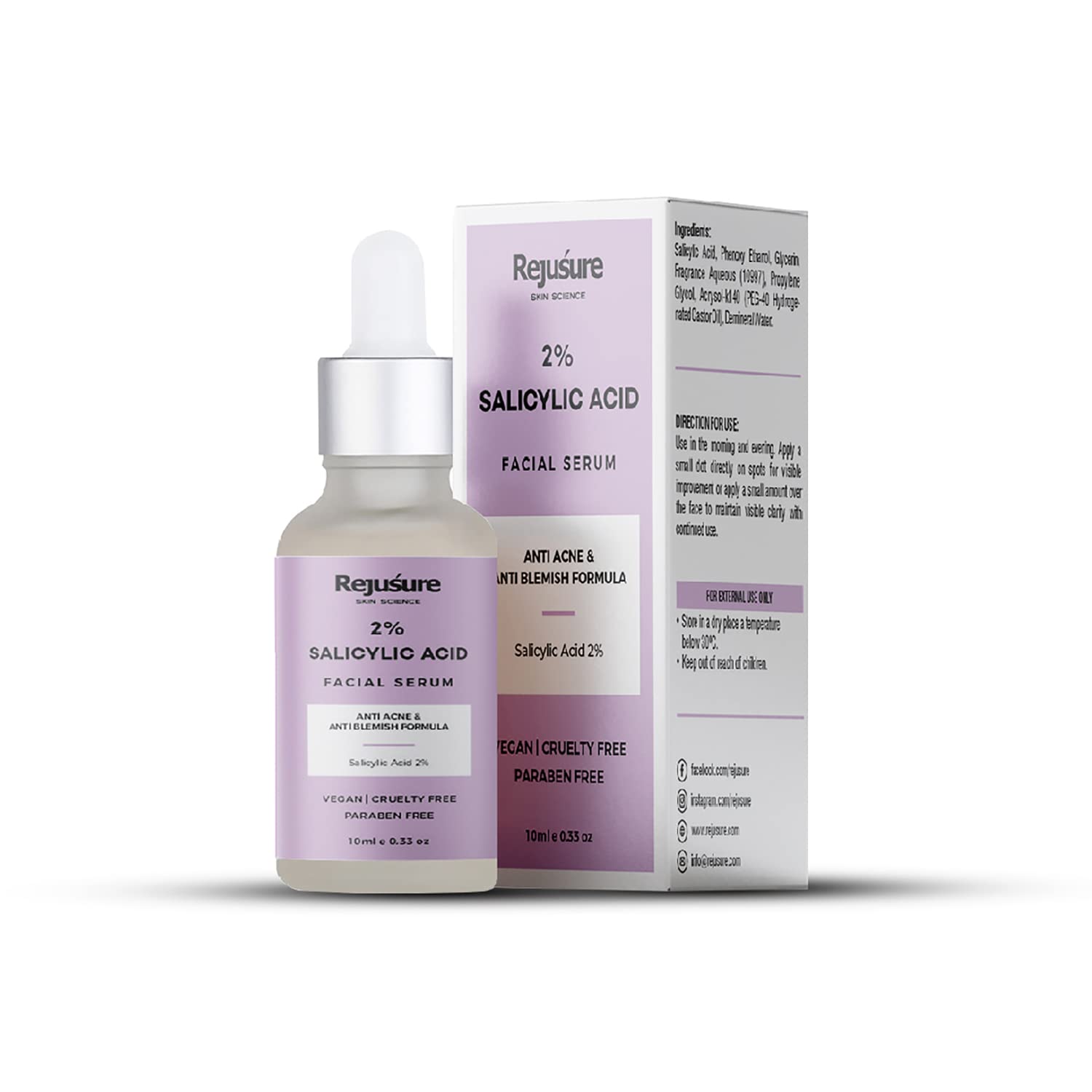 Rejusure 2% Salicylic Acid Face Serum for Acne, Blackheads & Oily Skin - Pore Minimizer & Oil Control Treatment - Dermatologist Tested, Cruelty Free (10ml) - Perfect for Daily Skincare Routine & Blemish-Prone Skin