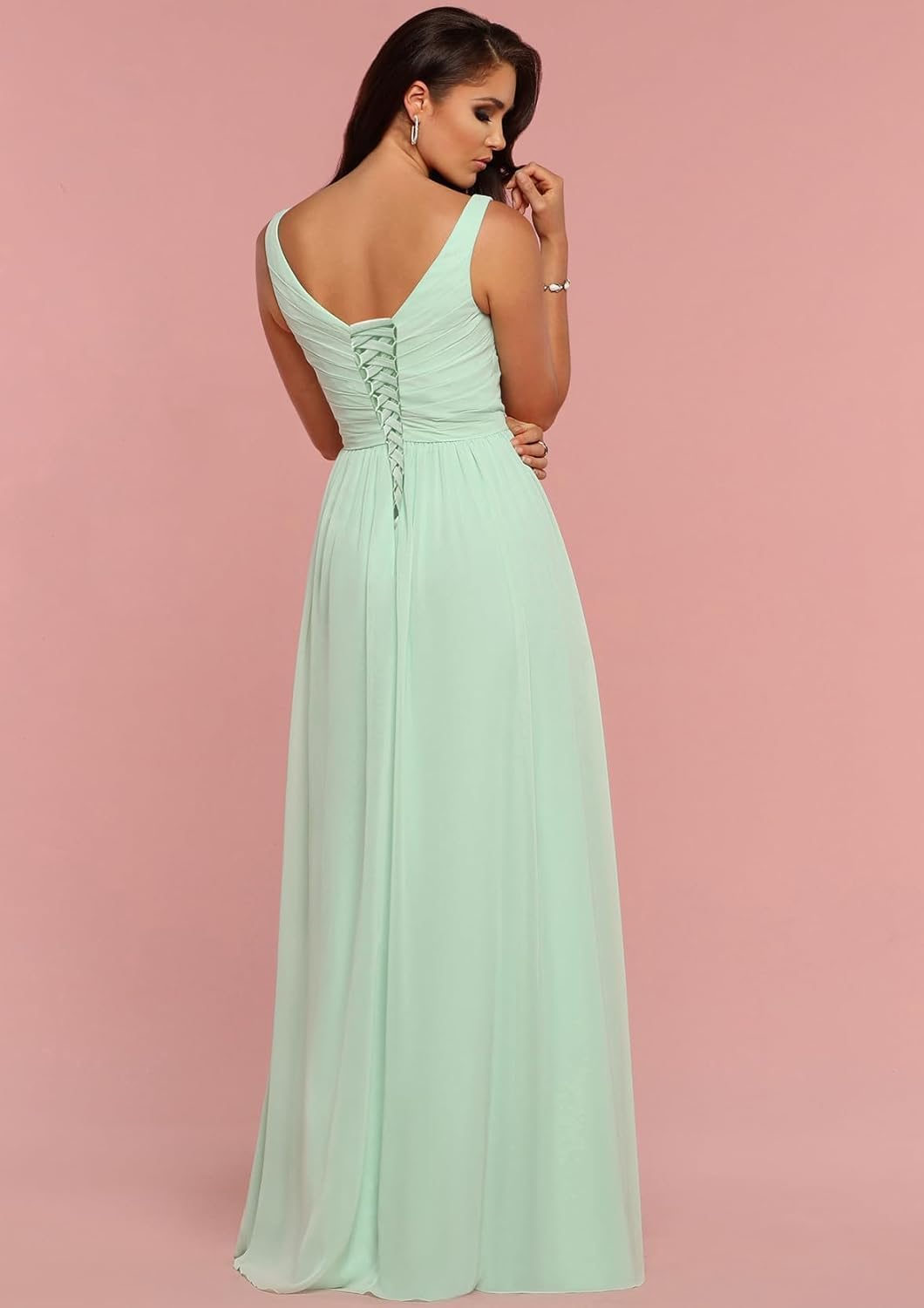 Elegant Dusty Rose Chiffon Bridesmaid Dress - Long V-Neck Pleated Wedding Guest Gown with High Slit & Backless Design (COO2-12) | Perfect for Bridal Parties, Prom Nights & Formal Events