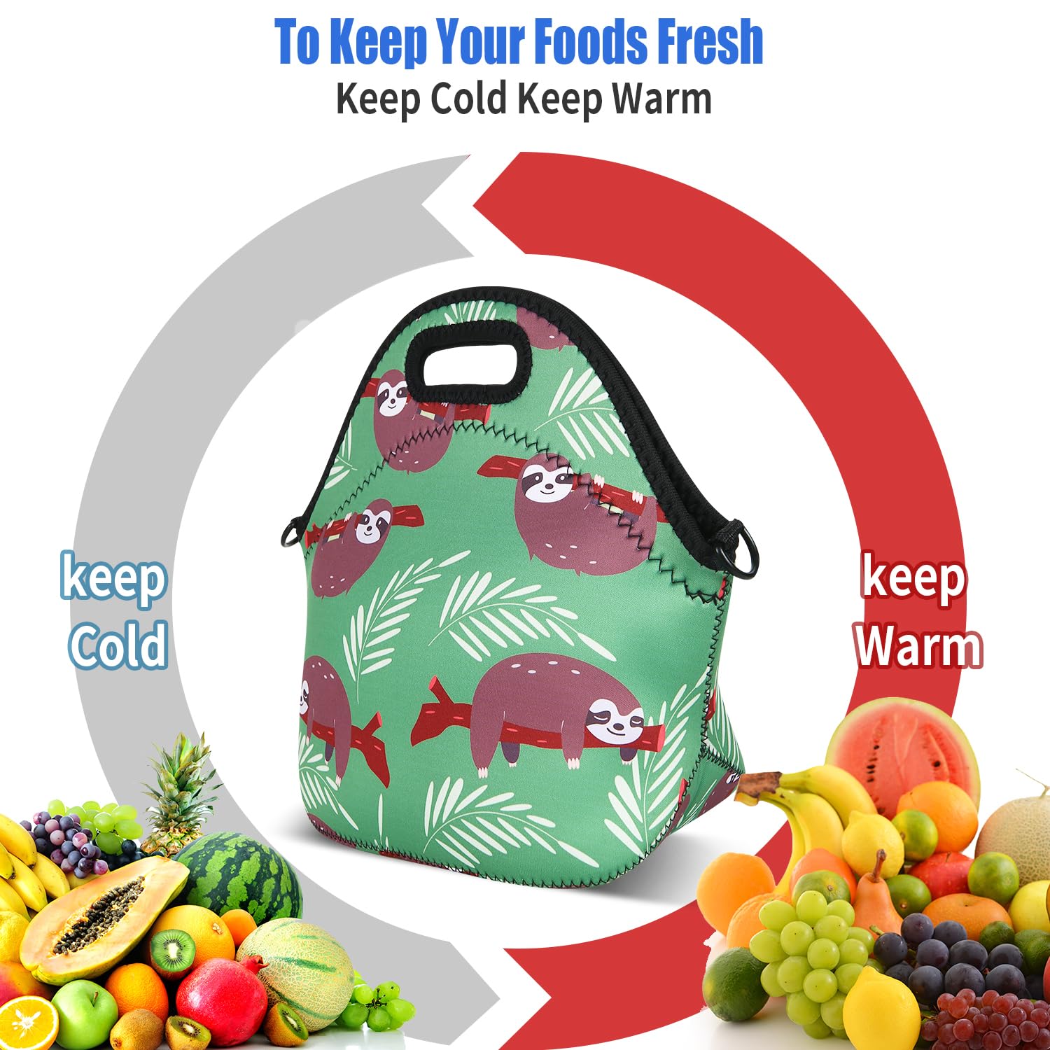 Violet Mist Neoprene Insulated Lunch Bag - Waterproof Reusable Food Tote for Work, Picnic & Travel | Sloth Design Lunch Box Organizer for Women & Men | Perfect Office Lunch Carrier & Gift Idea