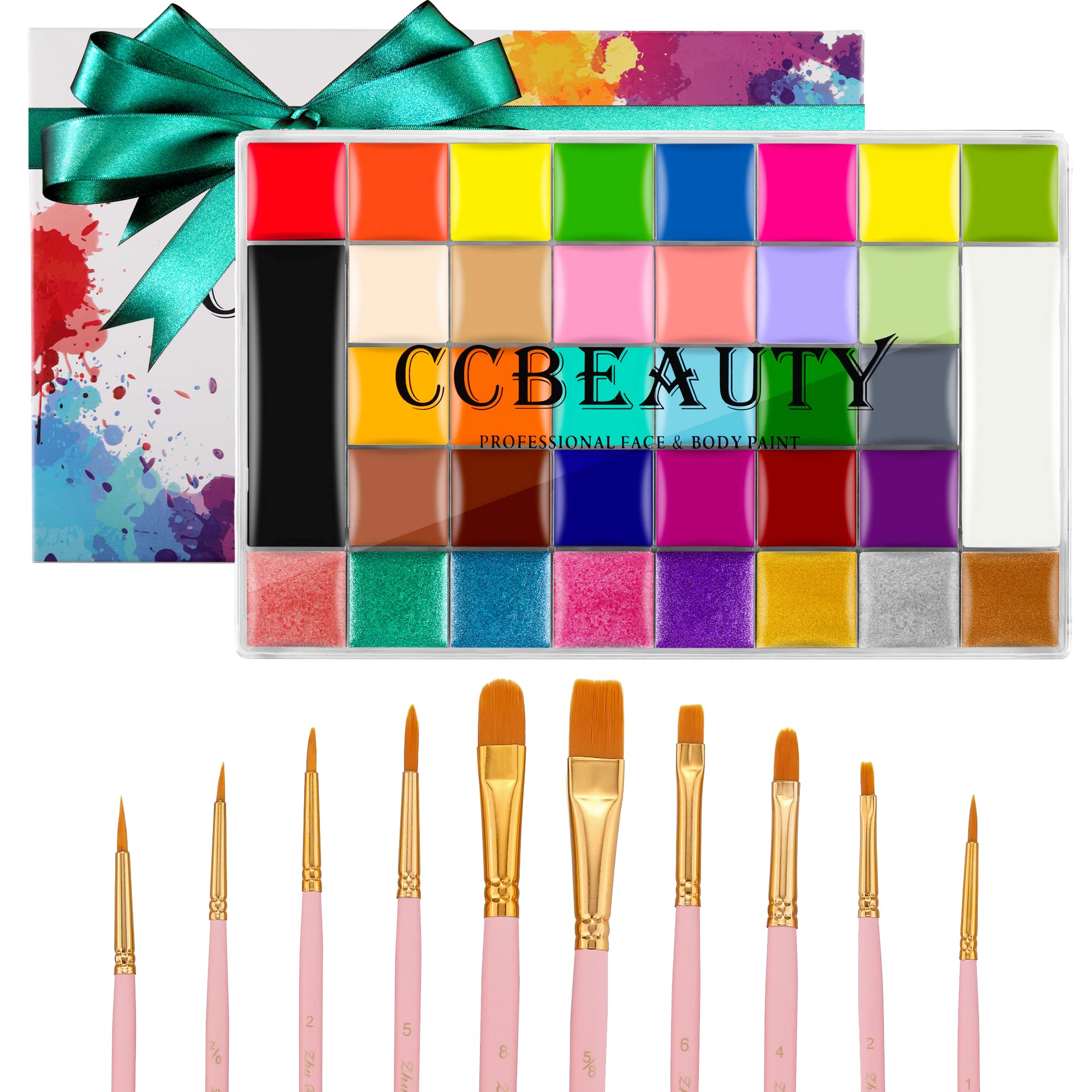 CCbeauty Professional 36 Color Face & Body Paint Kit - Halloween, Cosplay, SFX Makeup Palette with Neon Colors & 10 Pink Brushes | Perfect for Costume Parties, Theater Performances, and Creative Body Art