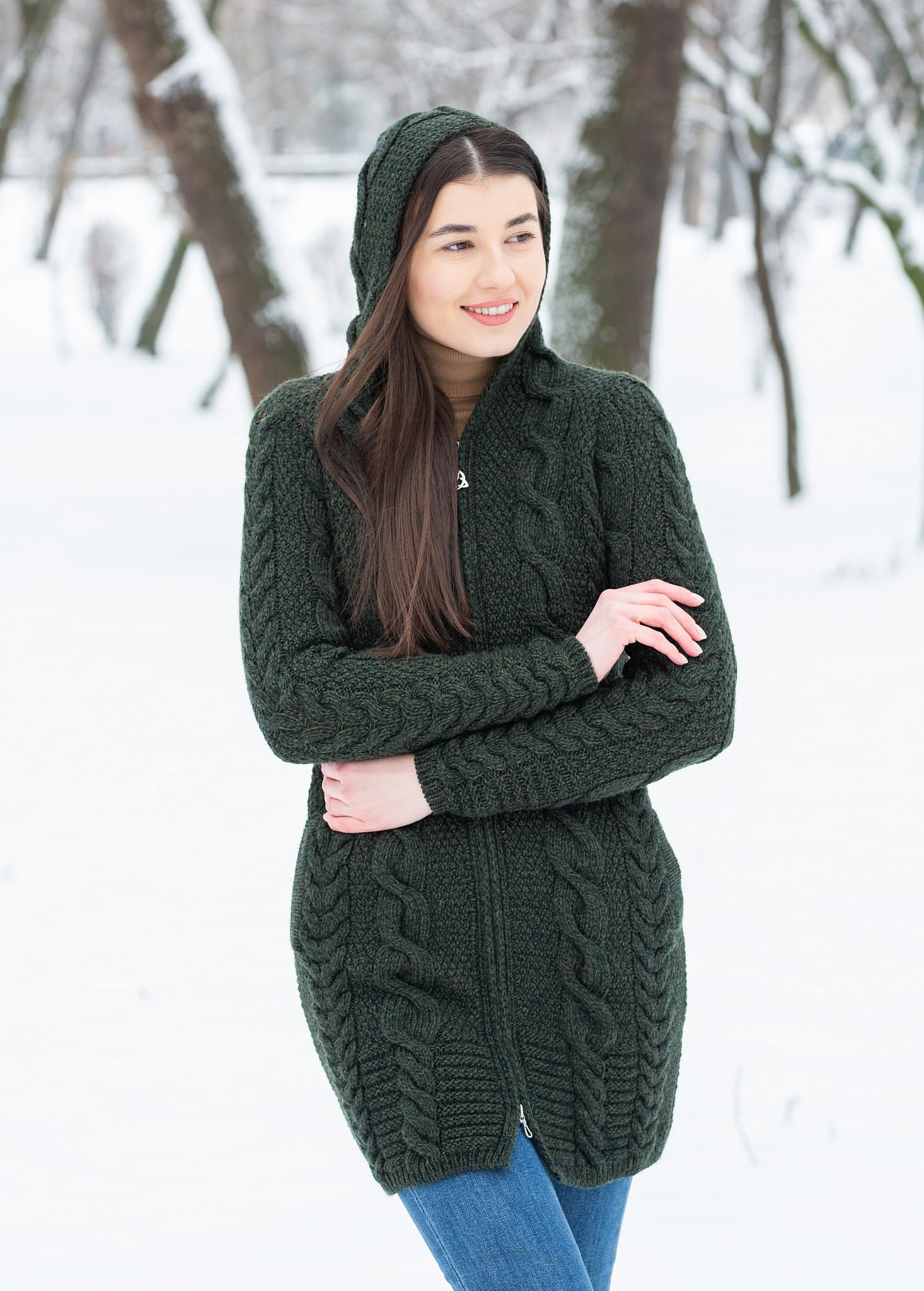 SAOL 100% Merino Wool Aran Cable Knit Hooded Zip Cardigan Irish Coat - Warm Winter Sweater for Women, Cozy Oversized Pullover for Outdoor Hiking & Casual Wear