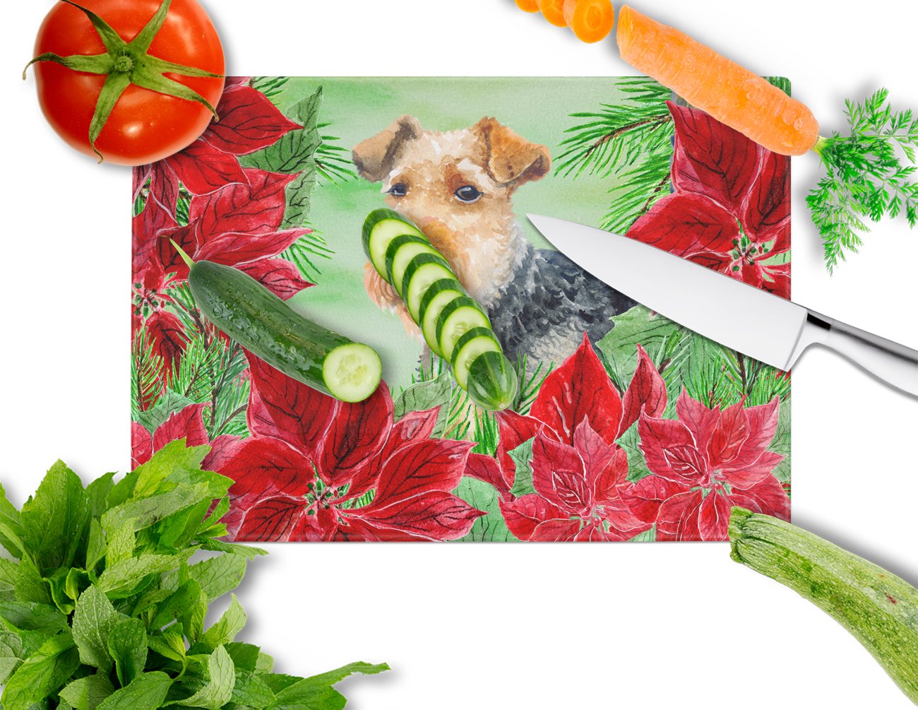 Welsh Terrier Poinsettia Tempered Glass Cutting Board - Large Decorative Kitchen Chopping & Serving Board (12x18 Inch) | Holiday Entertaining, Christmas Decor, Cheese & Charcuterie Display