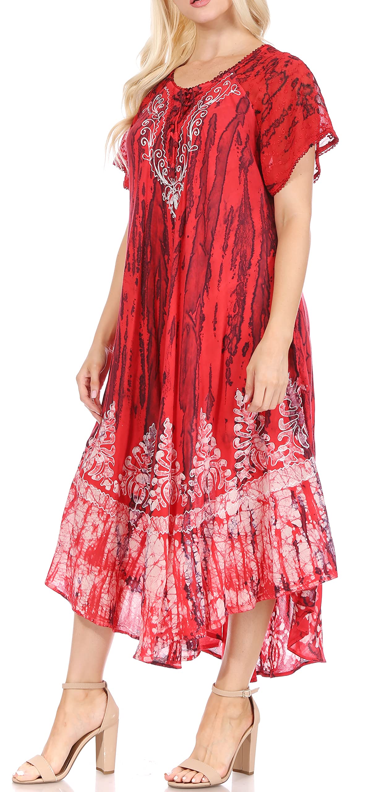 Sakkas Ronny Lace Embroidered Cap Sleeve Tie Dye Wash Caftan Dress - Beach Cover Up, Boho Maxi Dress for Summer Vacation, Pool Party & Resort Wear
