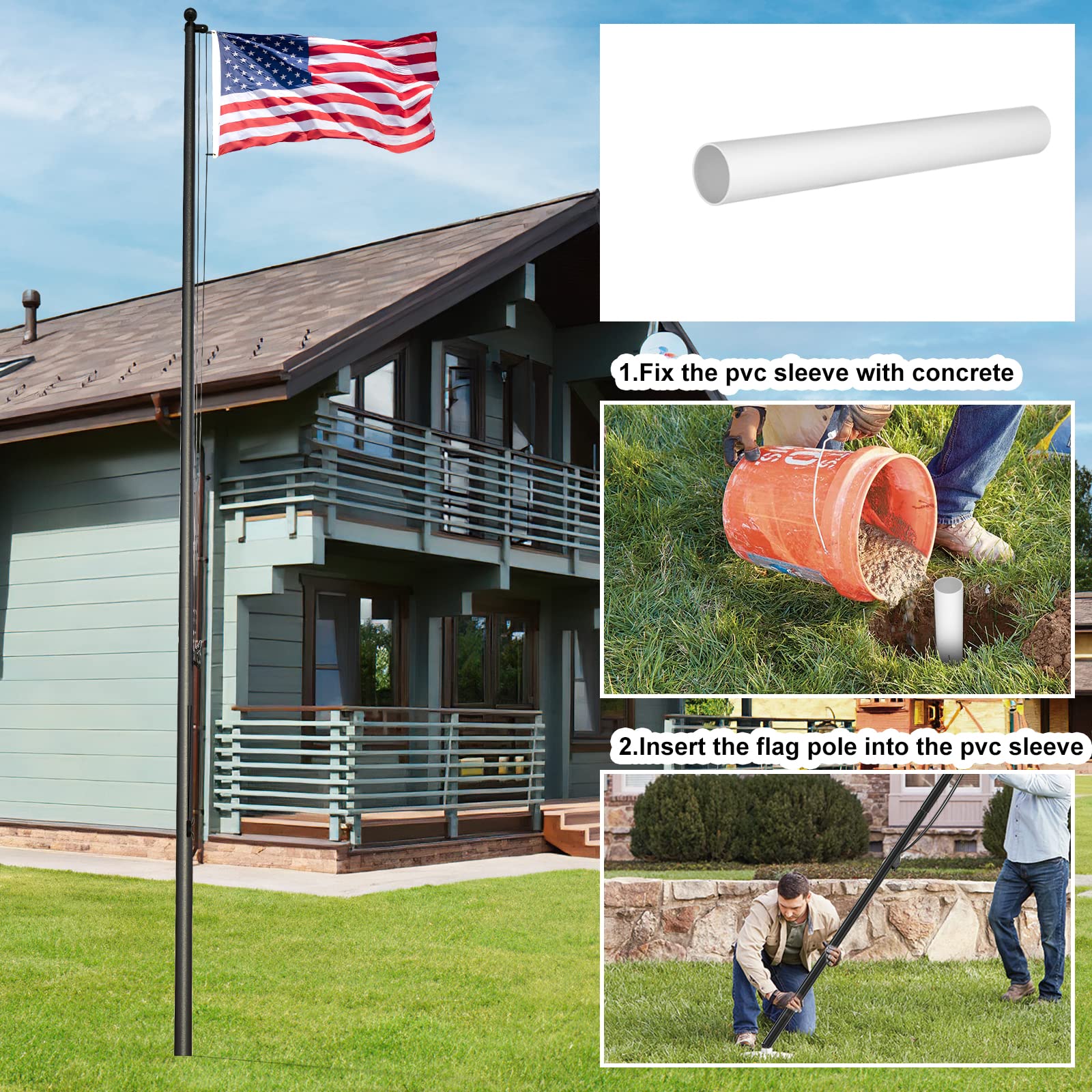 Heavy Duty 25 FT Flag Pole Kit - 13 Gauge Extra Thick Aluminum Flagpole with 3x5 Embroidered Stars American Flag for Outdoor In-Ground Installation, 80MPH Wind Resistant - Perfect for Residential Homes, Commercial Buildings, and Patriotic Events