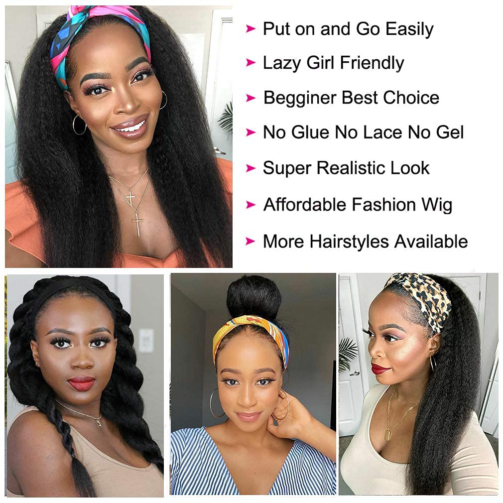 180% Density 12A Kinky Straight Human Hair Headband Wigs for Black Women - Yaki Straight Half Wig with Attached Headband (28 Inch, Natural Black) | Perfect for Daily Wear, Parties & Protective Styling