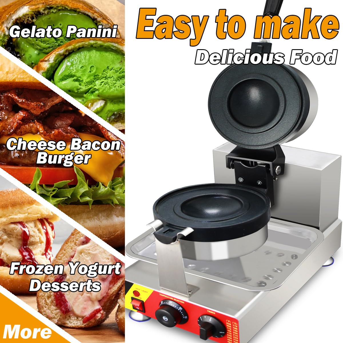 Commercial Electric Gelato Panini Press - Ice Cream Sandwich Maker & Pocket Burger Warmer for Stuffed Waffles (220V) - Perfect for Restaurants, Cafés & Dessert Shops
