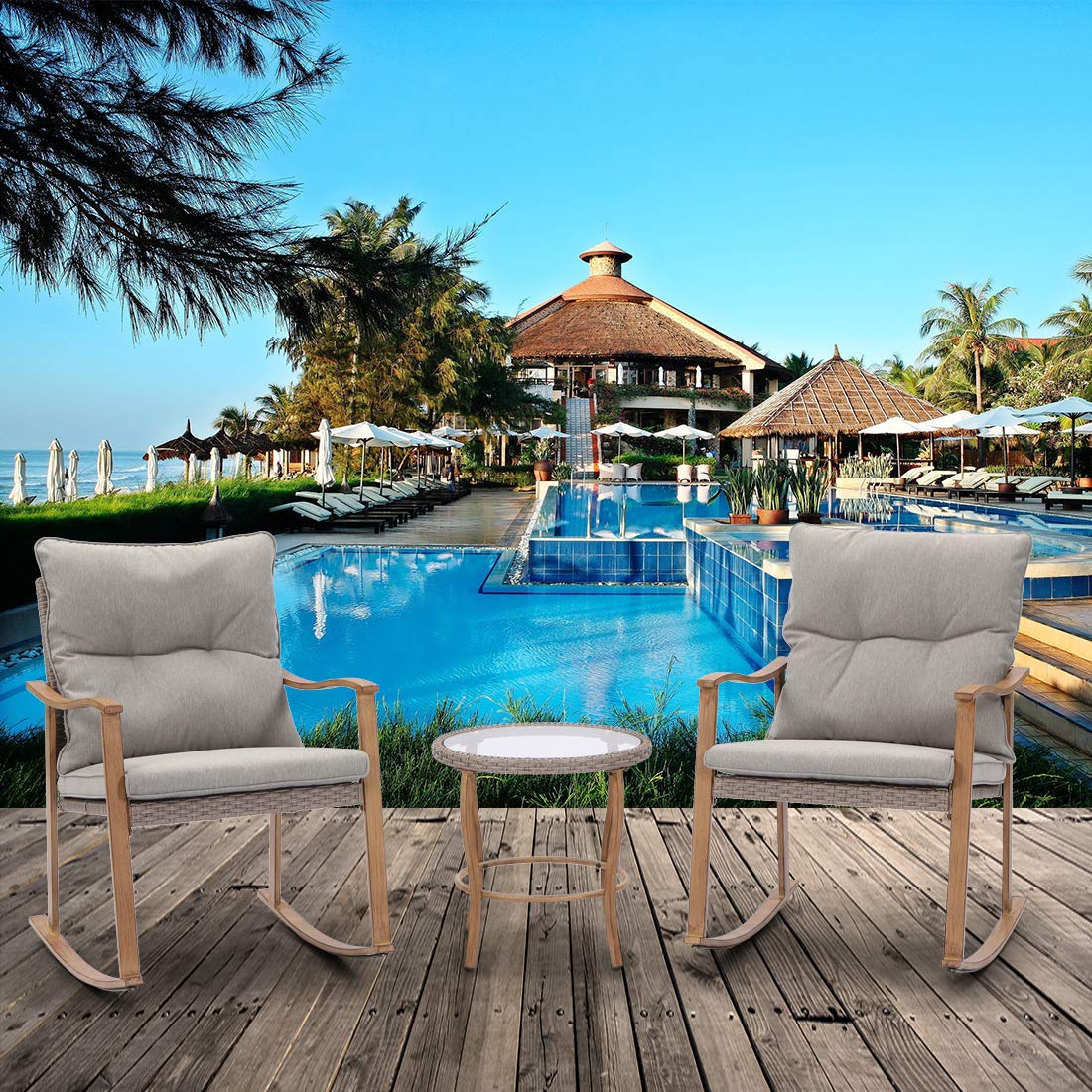 HOMPUS 3-Piece Outdoor Rocking Chair Set - Wicker Patio Furniture with Wood Armrests & Warm Gray Cushions, Includes Glass Coffee Table - Perfect for Front Porch, Balcony, Garden, and Backyard Relaxation
